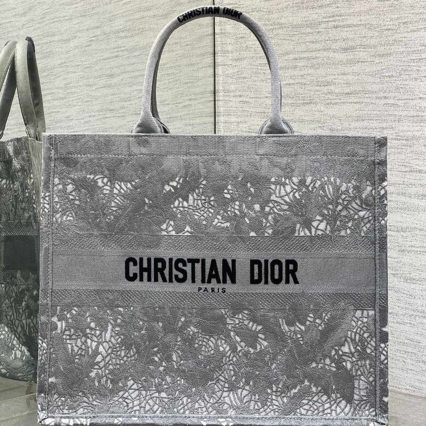 CD Large Dior Book Tote Scotland’s National Flower Pattern Grey Cotton