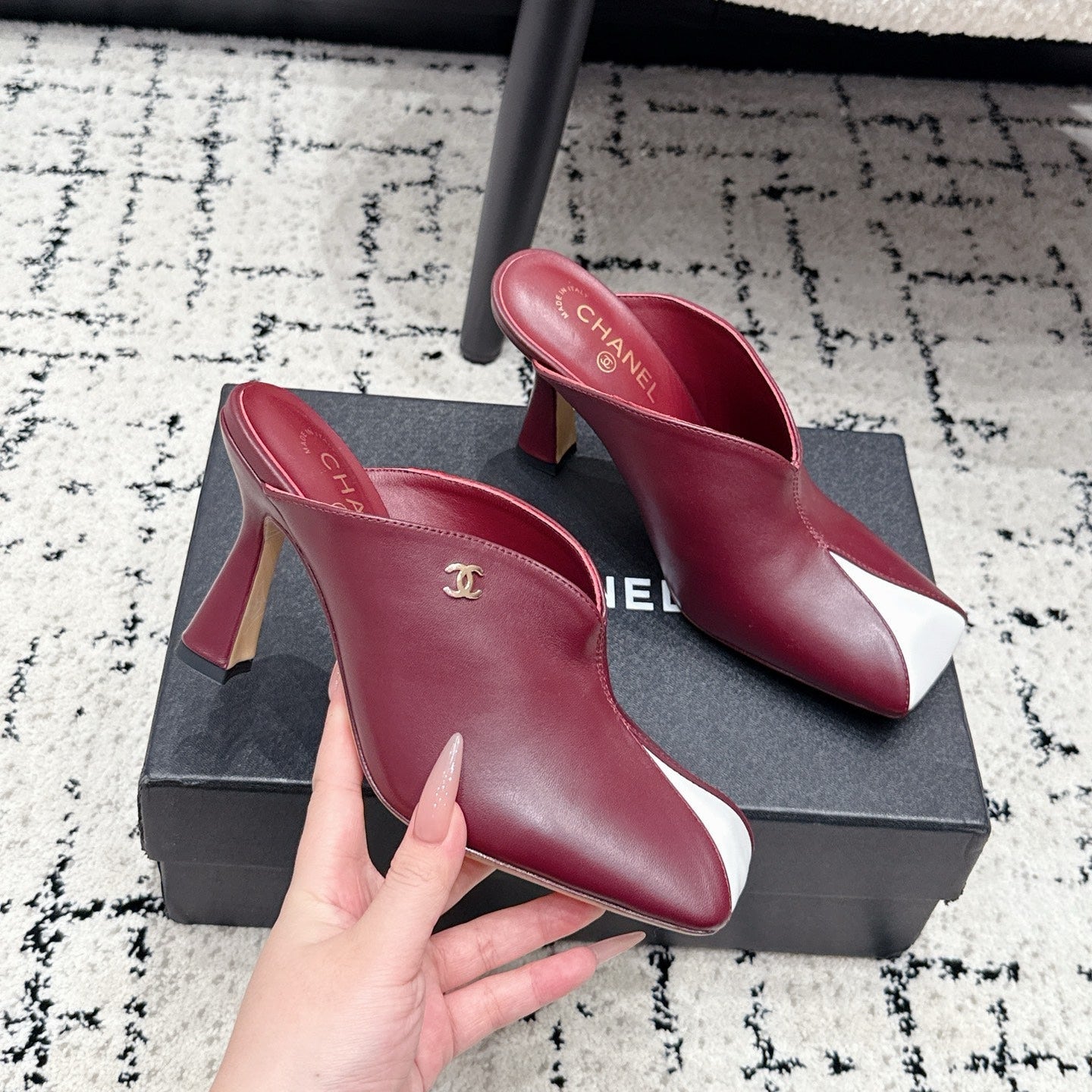 CC 26s Square Toe High Heels 9.5cm Burgundy White Sheepskin 880458