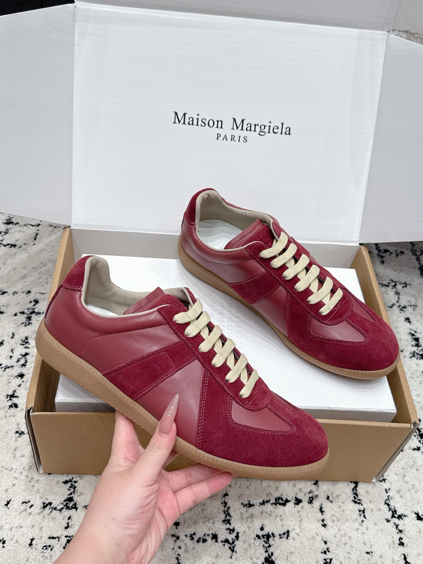 MM6 Replica Casual Sneaker Burgundy Sheepskin Suede 881181