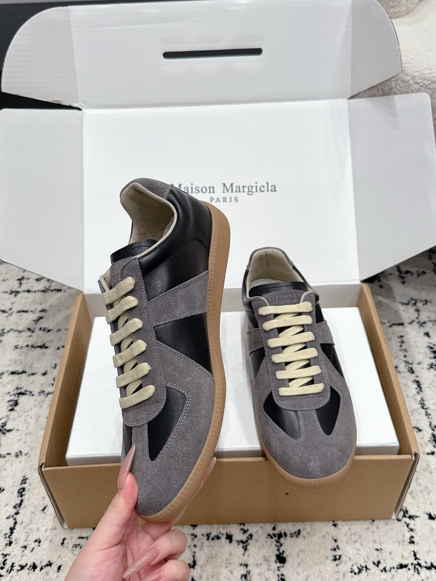 MM6 Replica Casual Sneaker Black Grey Sheepskin Suede 881187