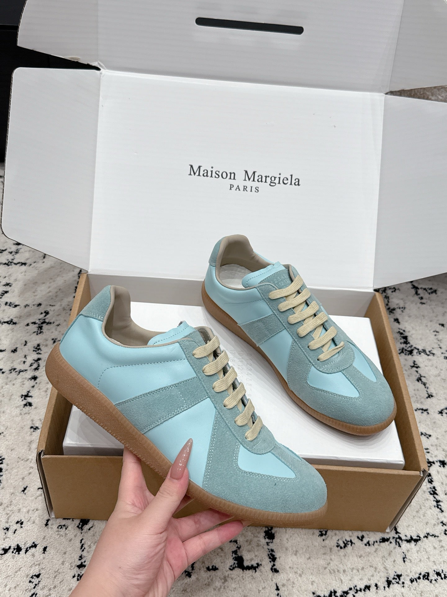 MM6 Replica Casual Sneaker Light Blue Sheepskin Suede 881191