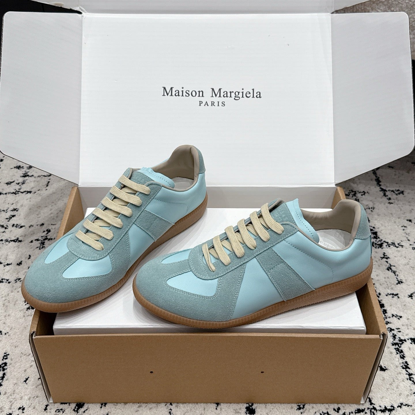 MM6 Replica Casual Sneaker Light Blue Sheepskin Suede 881191