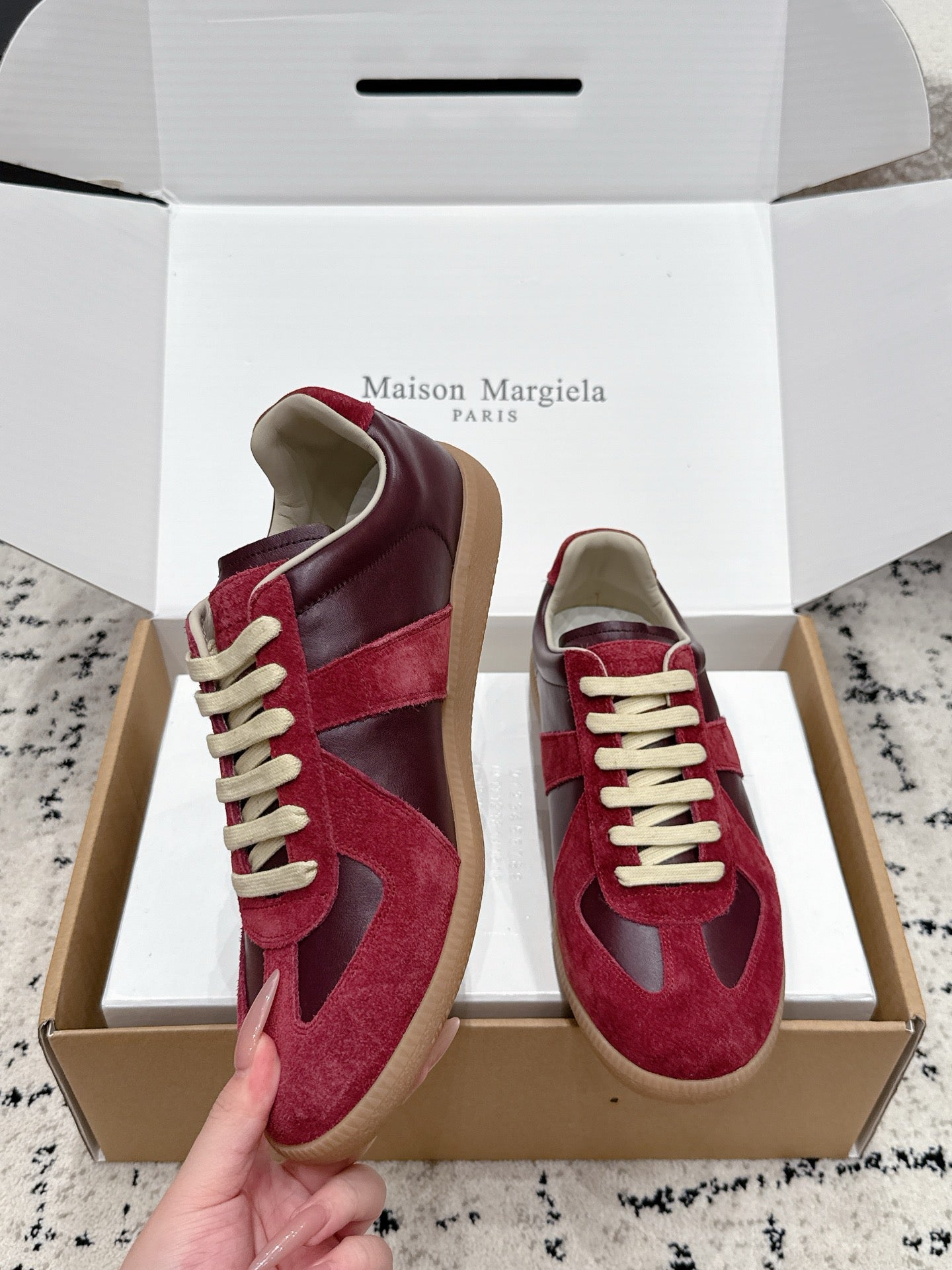 MM6 Replica Casual Sneaker Red Burgundy Sheepskin Suede 881196