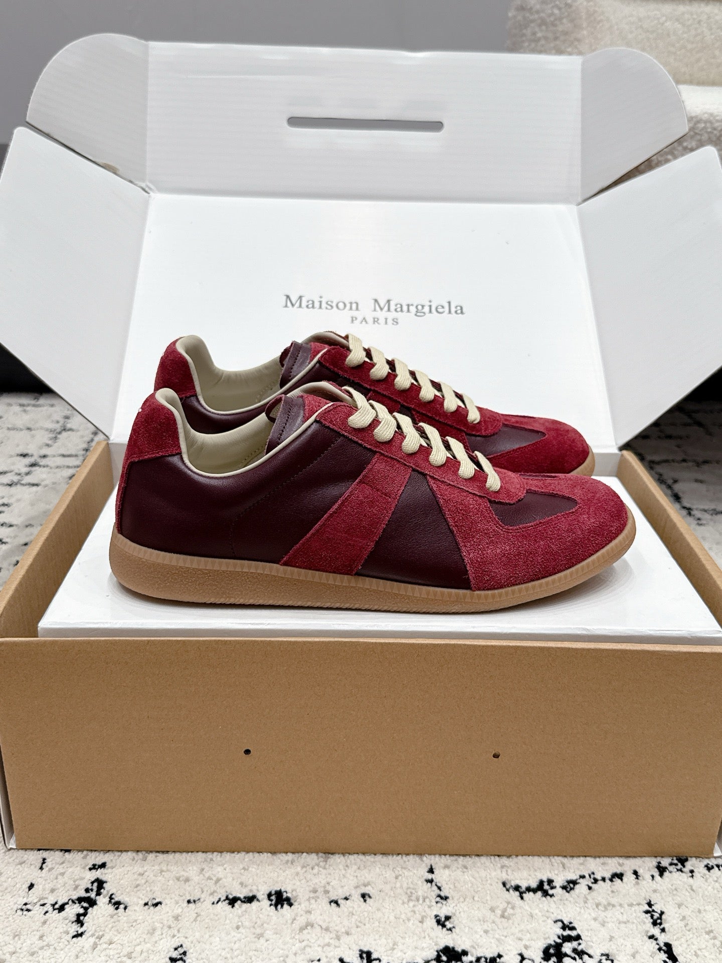 MM6 Replica Casual Sneaker Red Burgundy Sheepskin Suede 881196
