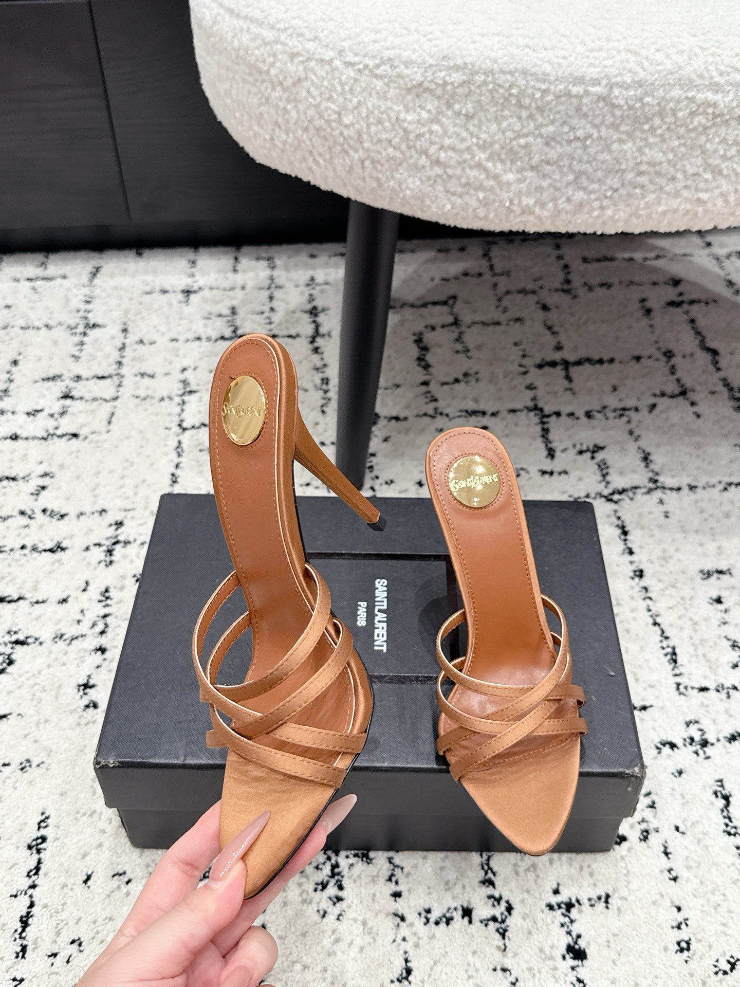 YSL Kate Mule 10.5cm Brown Satin 847150