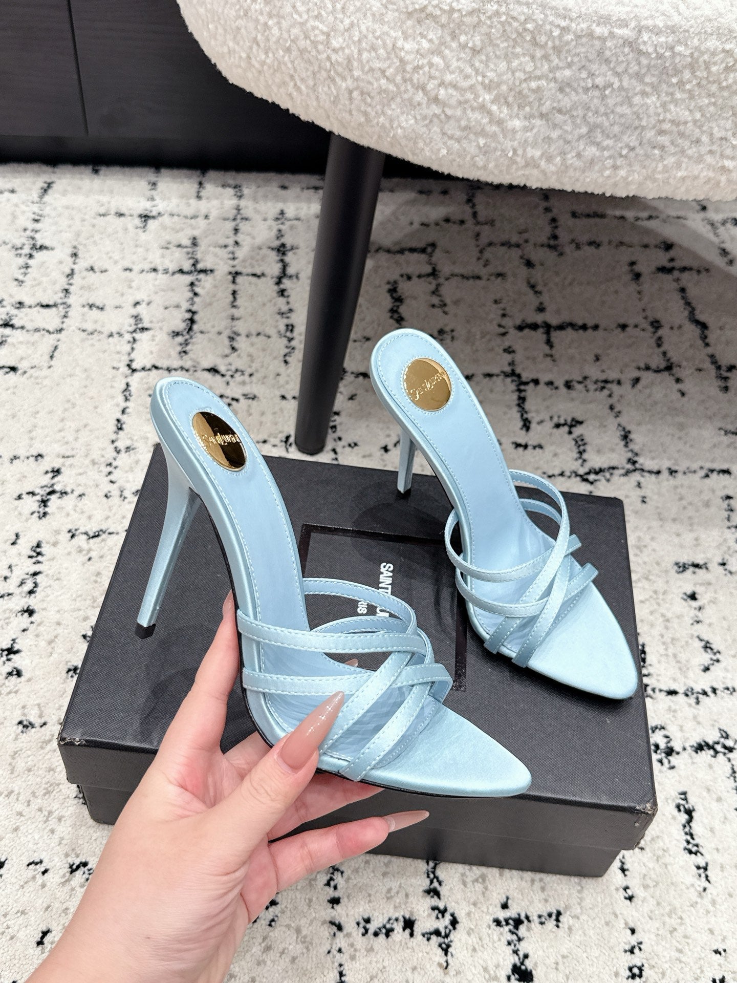 YSL Kate Mule 10.5cm Light Blue Satin 847151