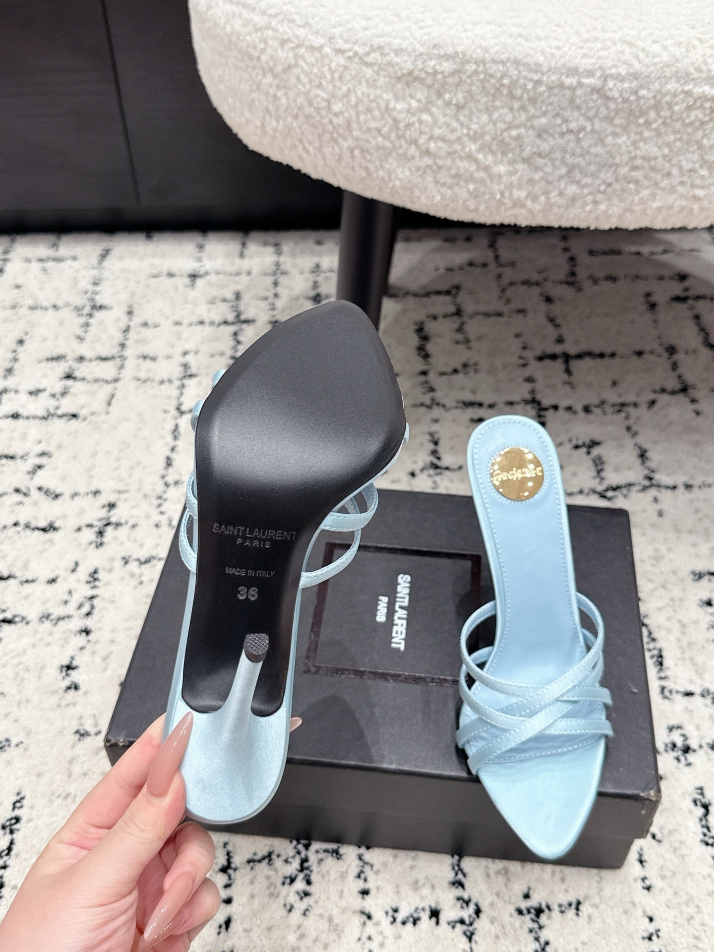 YSL Kate Mule 10.5cm Light Blue Satin 847151