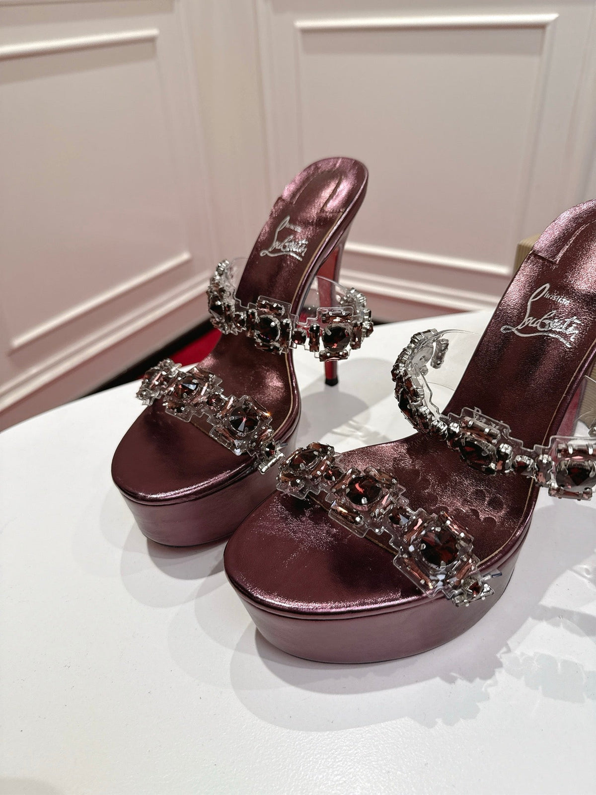 CL 26s Solo Zee Platform Sandals 16cm Plum Metallic Leather 912435