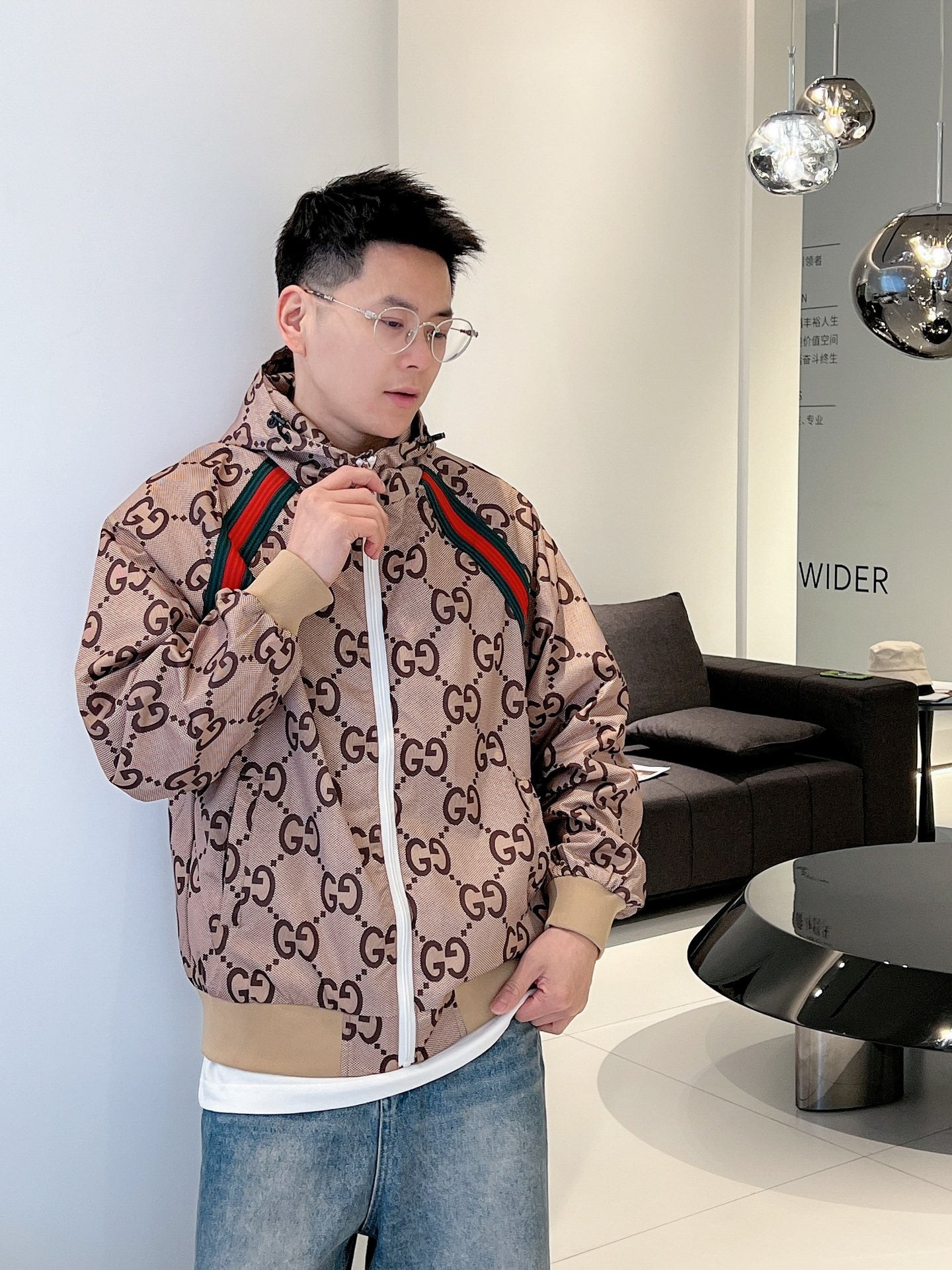 Gucci Men’s Zip Jacket With Web Beige Brown Cotton Technical Fabric