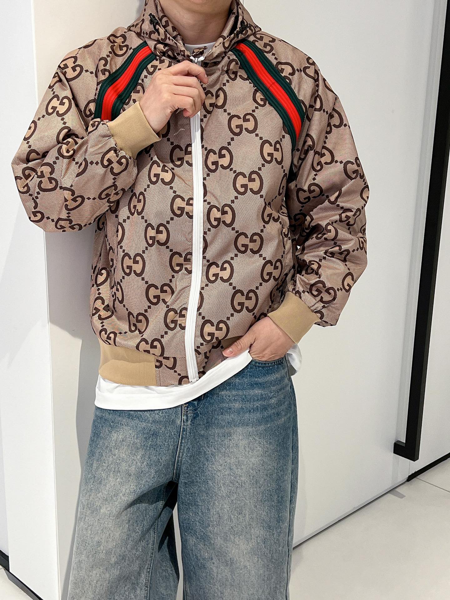 Gucci Men’s Zip Jacket With Web Beige Brown Cotton Technical Fabric