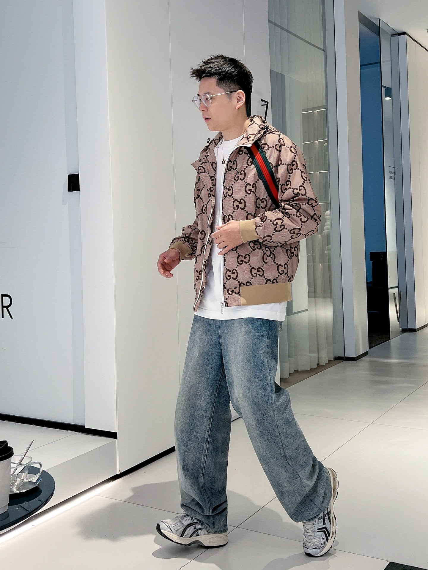 Gucci Men’s Zip Jacket With Web Beige Brown Cotton Technical Fabric