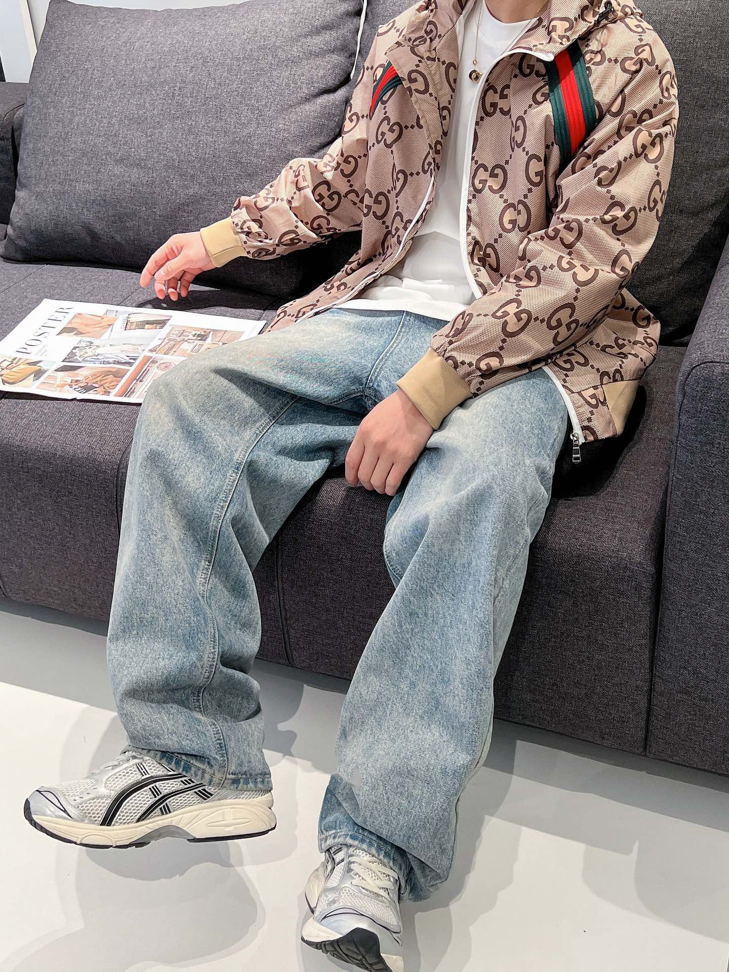 Gucci Men’s Zip Jacket With Web Beige Brown Cotton Technical Fabric