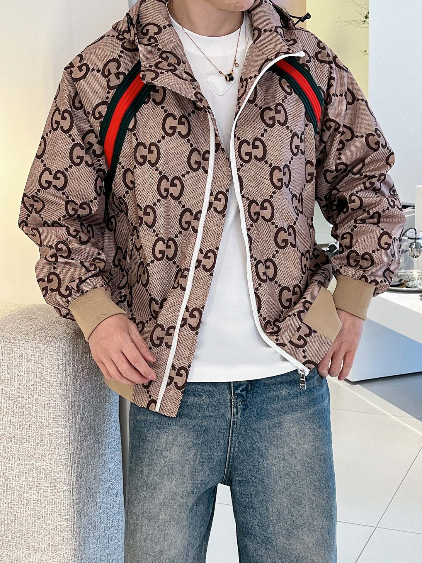 Gucci Men’s Zip Jacket With Web Beige Brown Cotton Technical Fabric