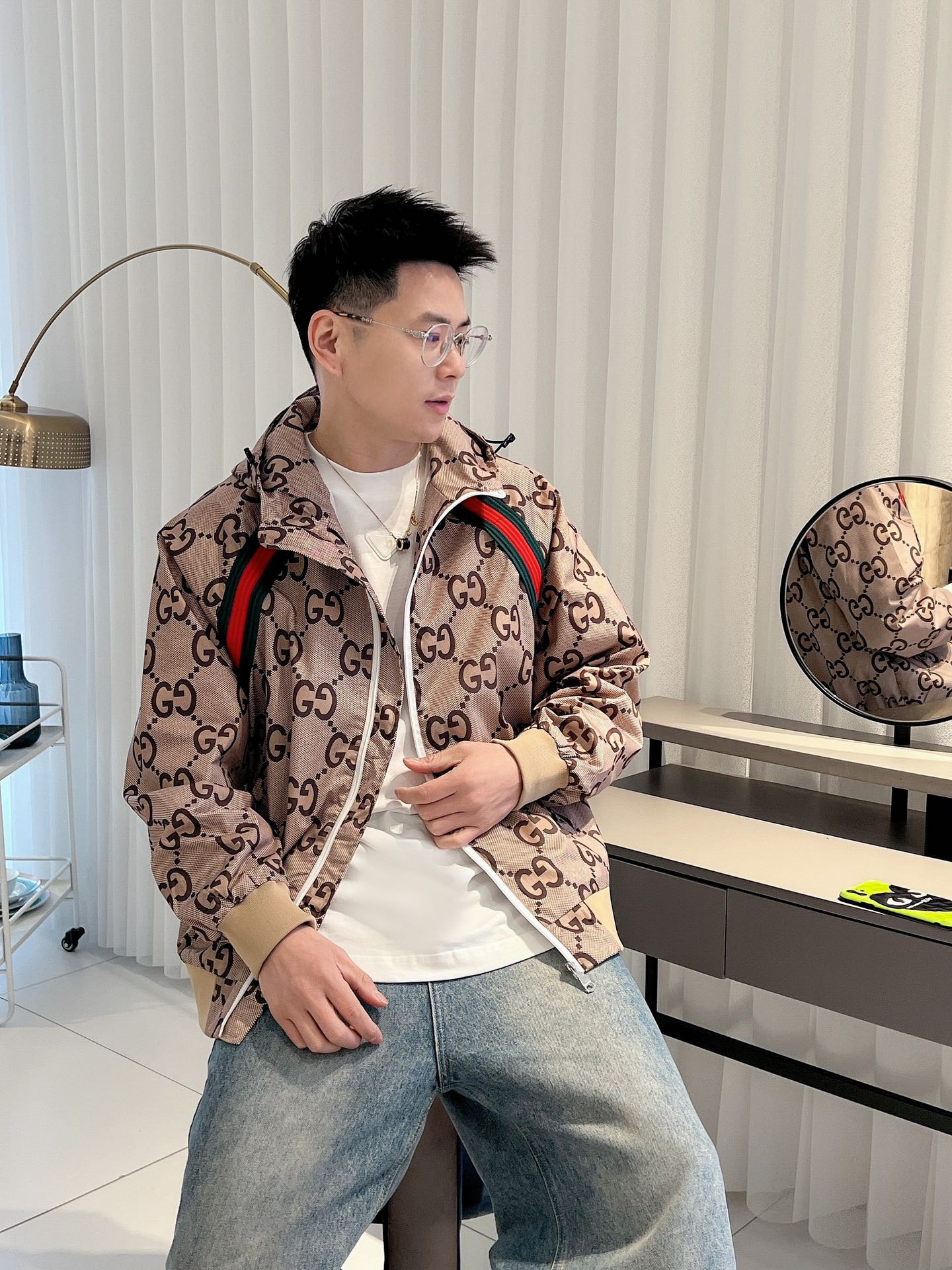 Gucci Men’s Zip Jacket With Web Beige Brown Cotton Technical Fabric