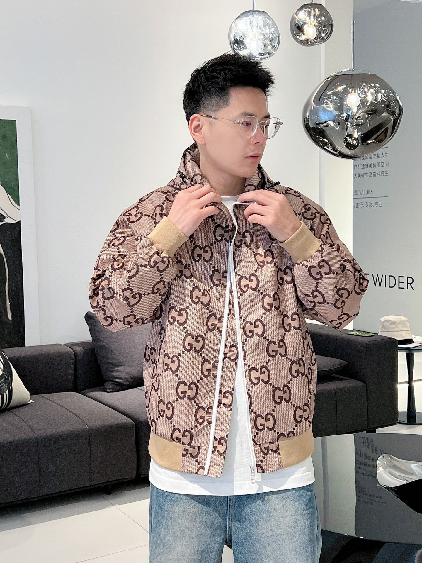 Gucci Men’s Zip Jacket With Web Beige Brown Cotton Technical Fabric