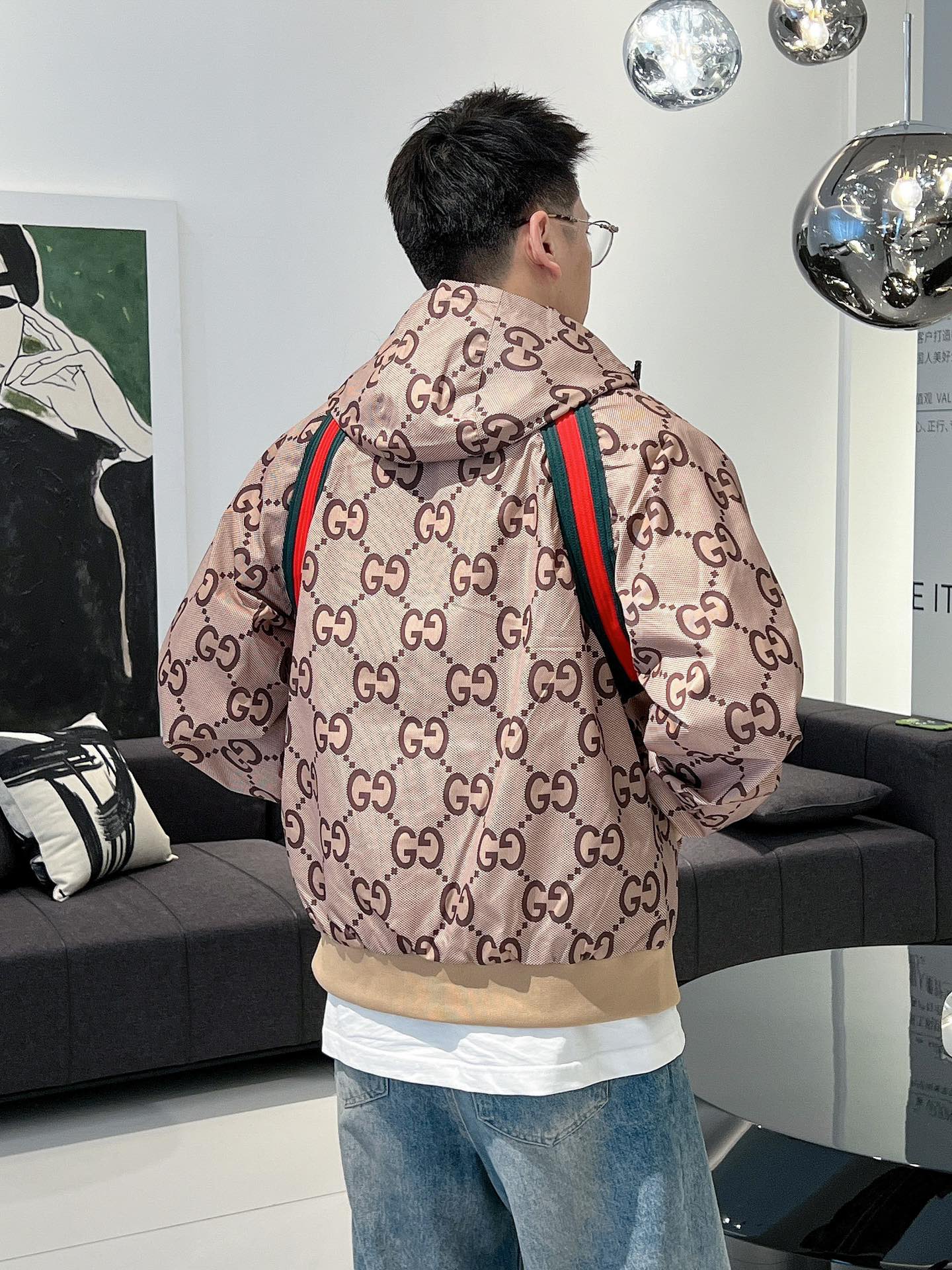 Gucci Men’s Zip Jacket With Web Beige Brown Cotton Technical Fabric