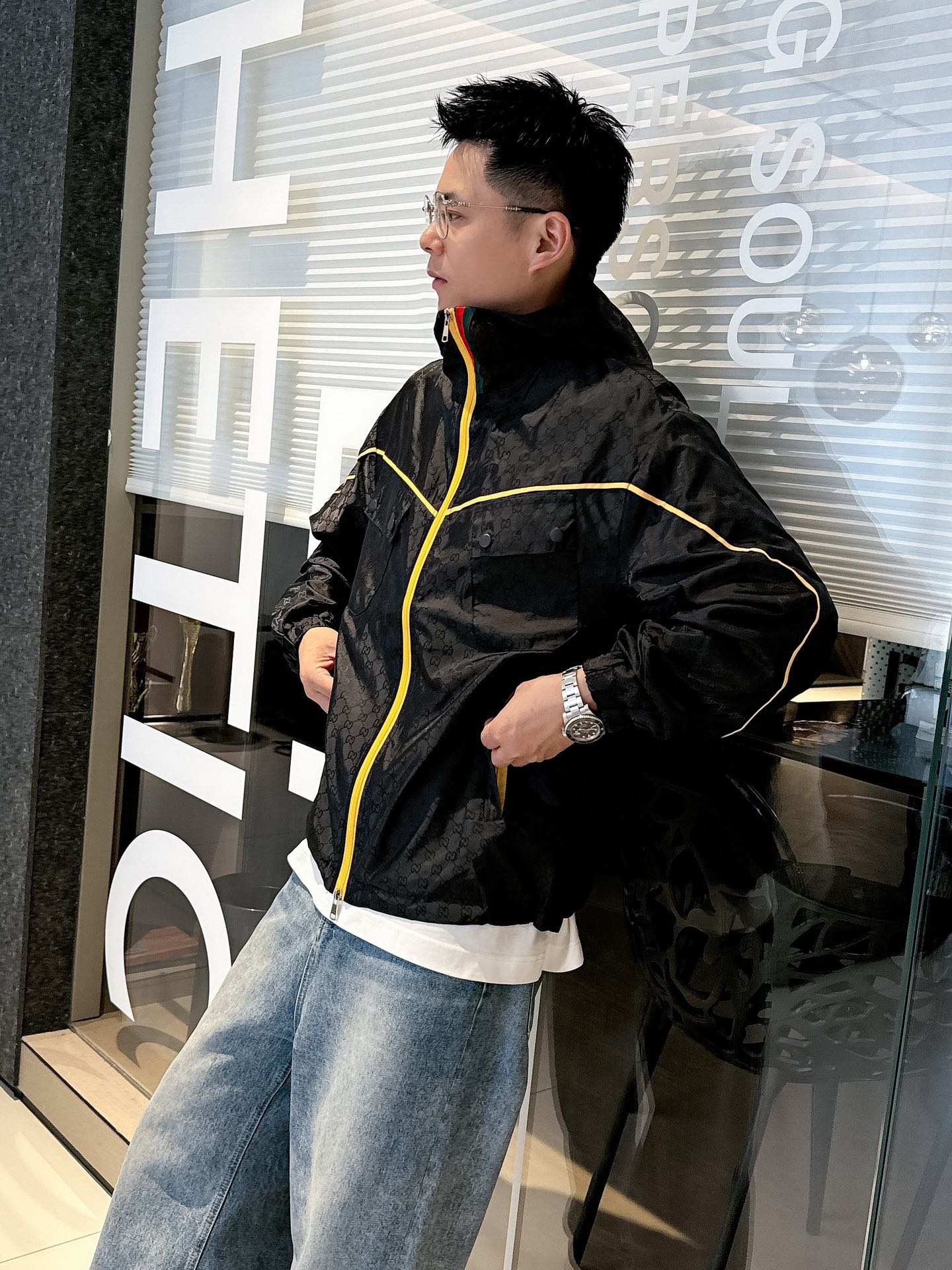 Gucci Men’s Jacket Black Yellow Nylon Satin