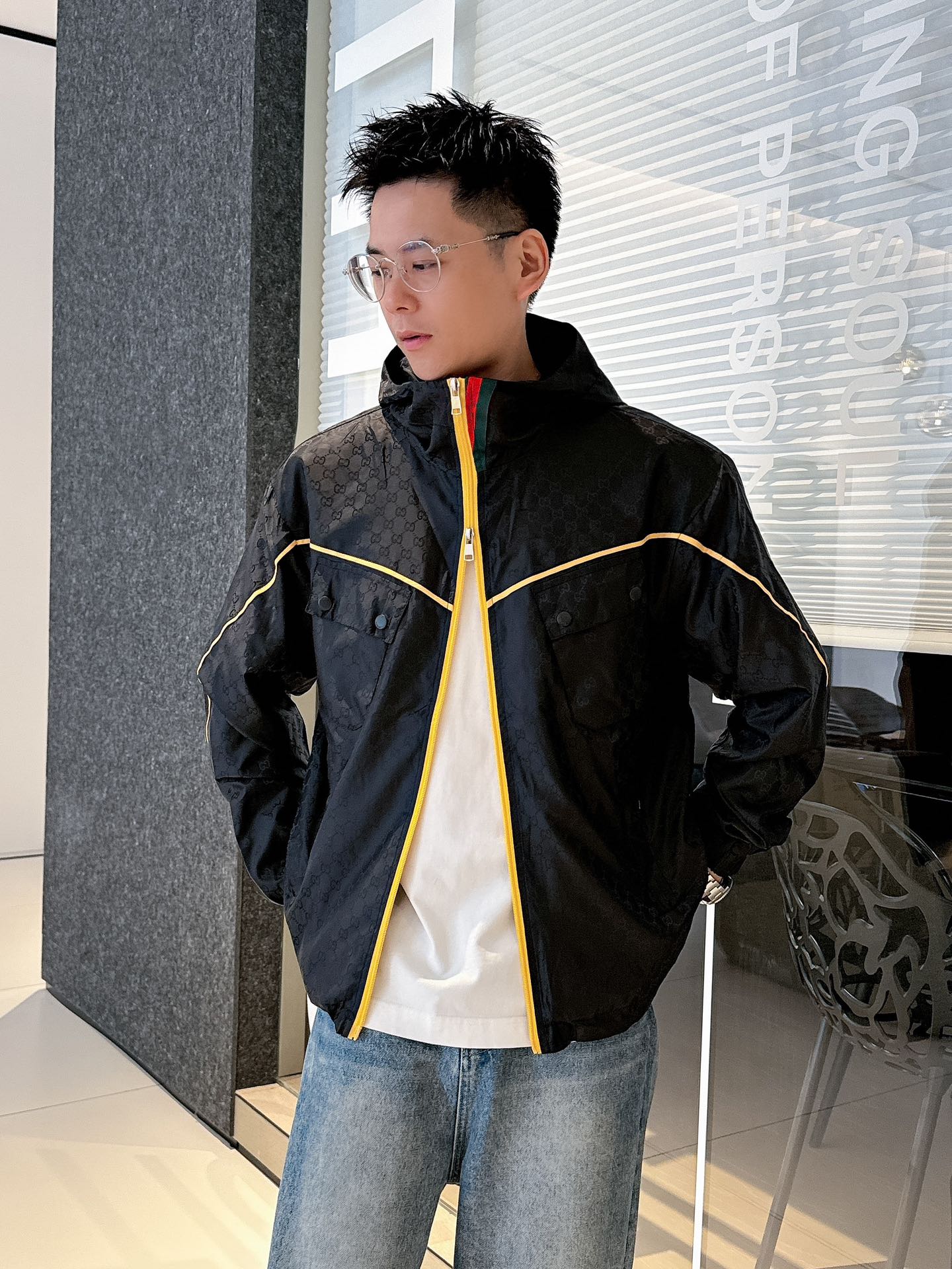 Gucci Men’s Jacket Black Yellow Nylon Satin