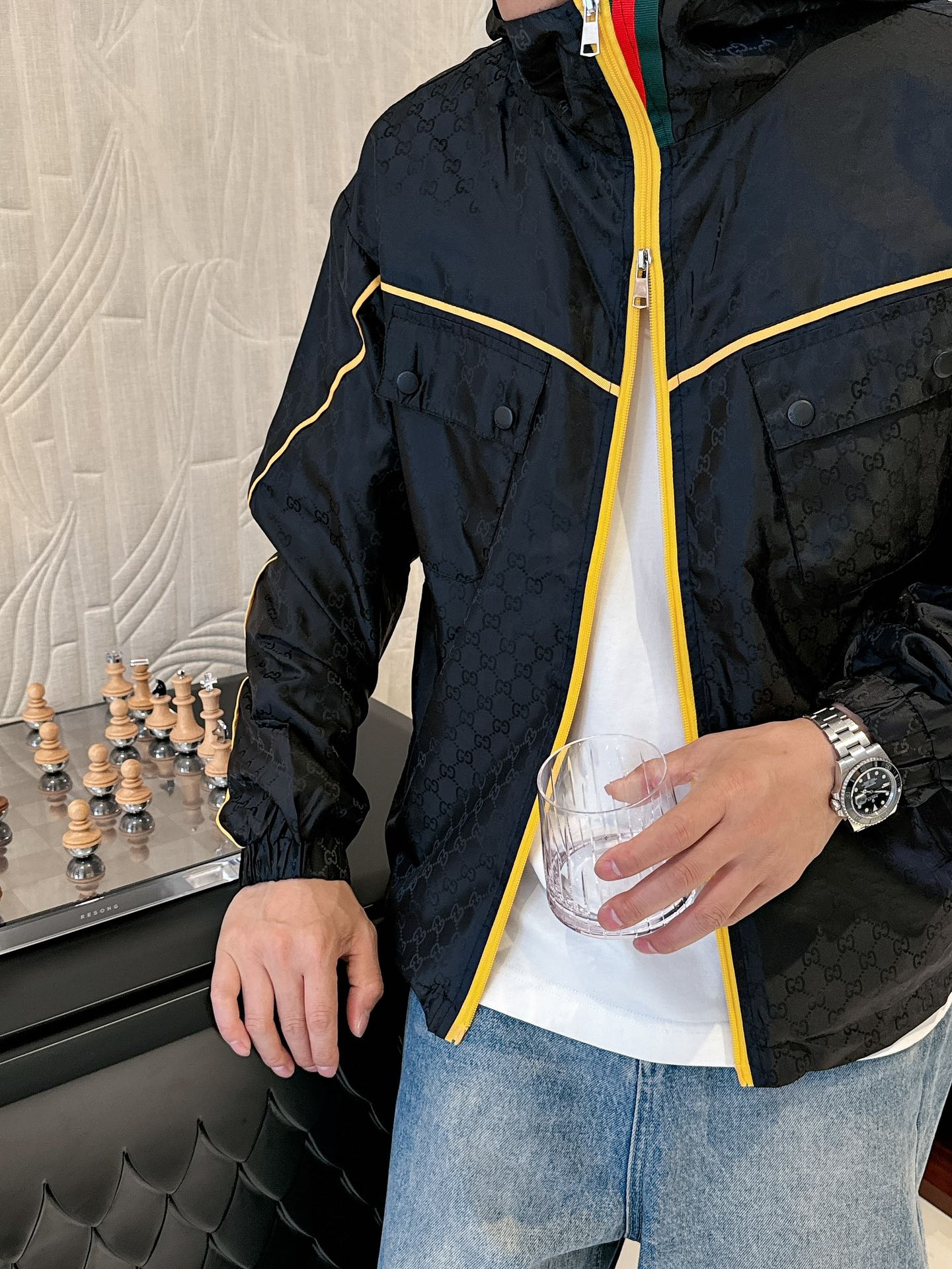 Gucci Men’s Jacket Black Yellow Nylon Satin