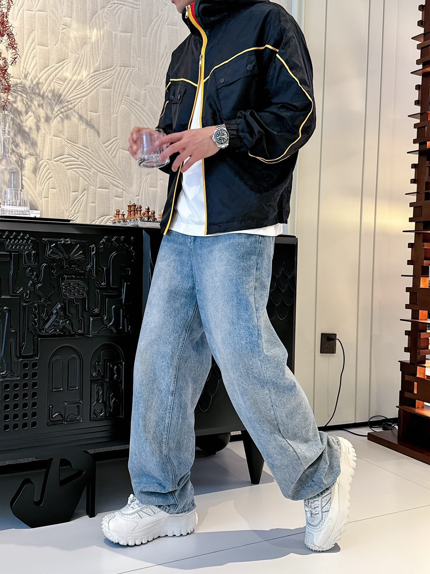 Gucci Men’s Jacket Black Yellow Nylon Satin