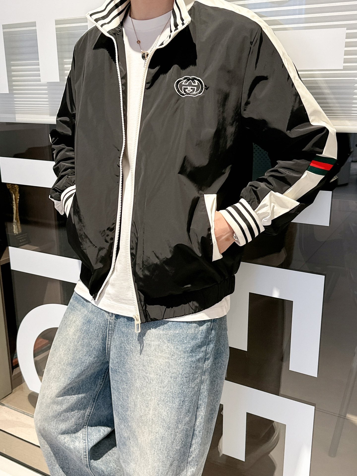 Gucci Men’s Interlocking Zip Jacket Black White Technical Fabric