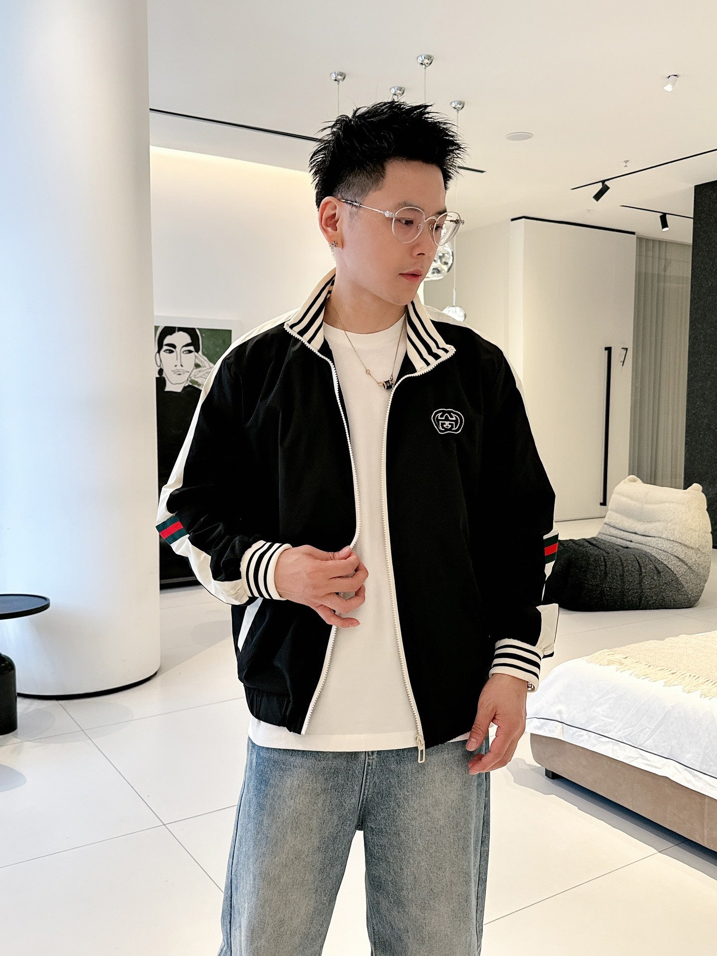 Gucci Men’s Interlocking Zip Jacket Black White Technical Fabric