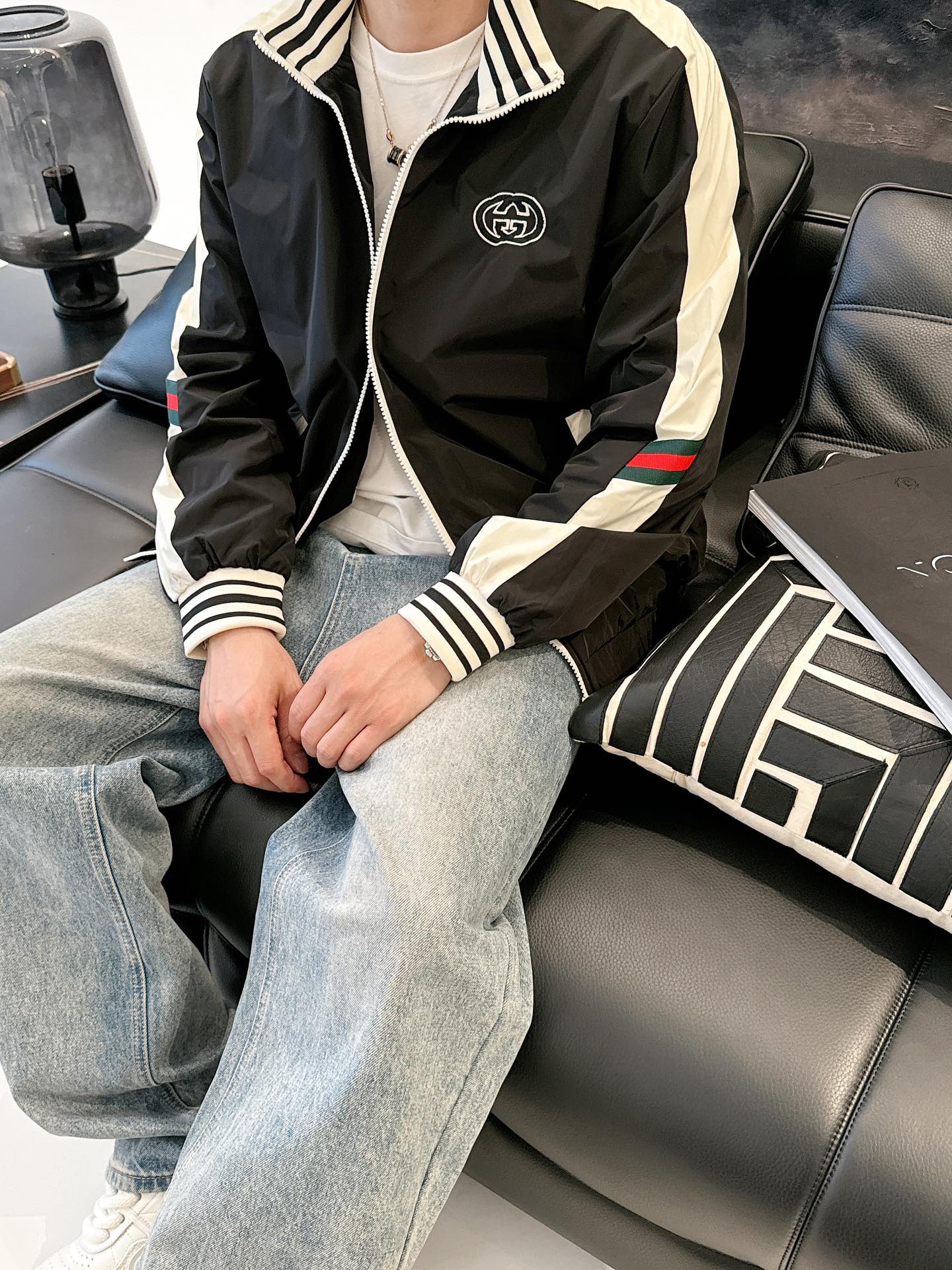 Gucci Men’s Interlocking Zip Jacket Black White Technical Fabric