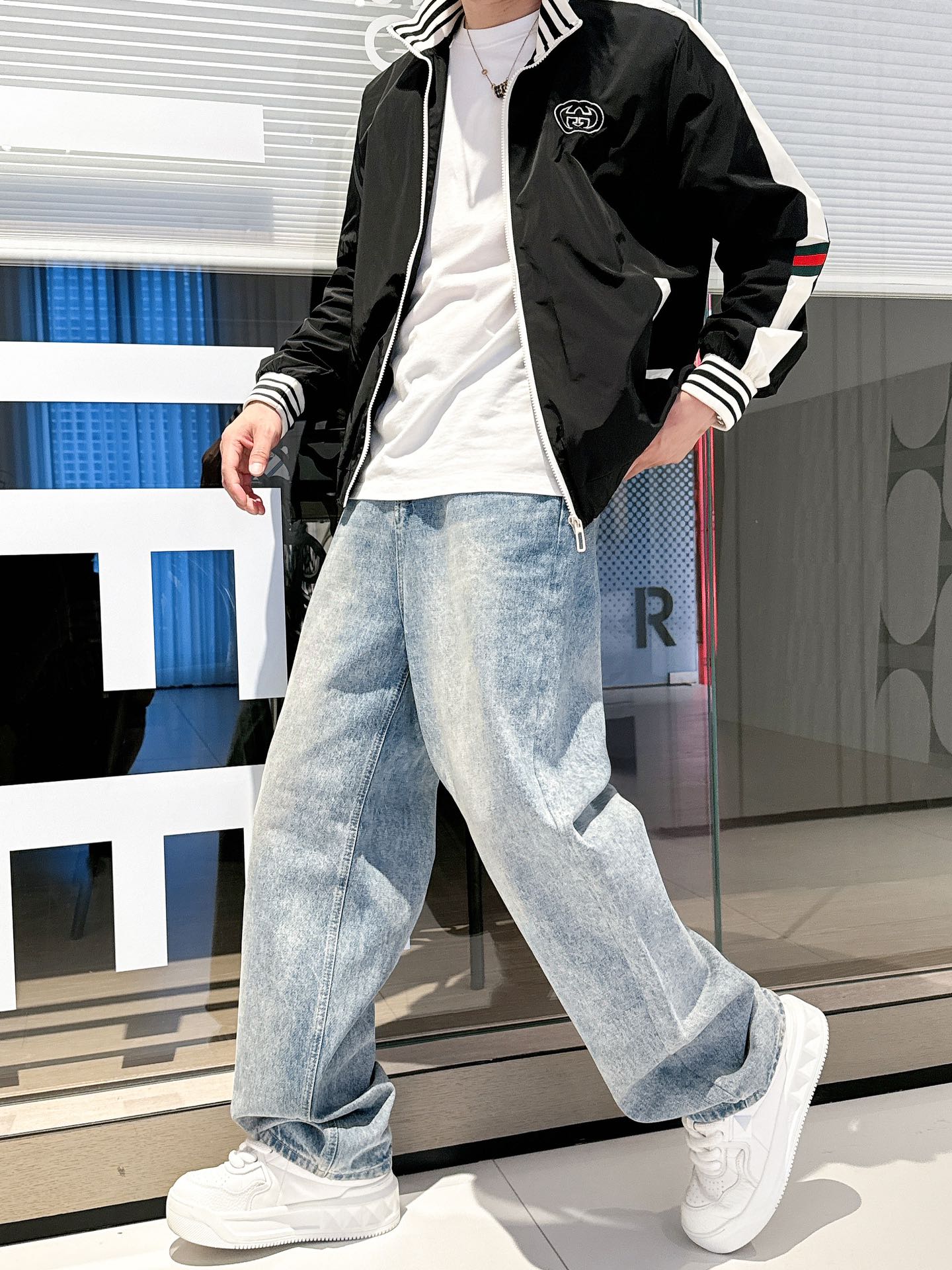 Gucci Men’s Interlocking Zip Jacket Black White Technical Fabric