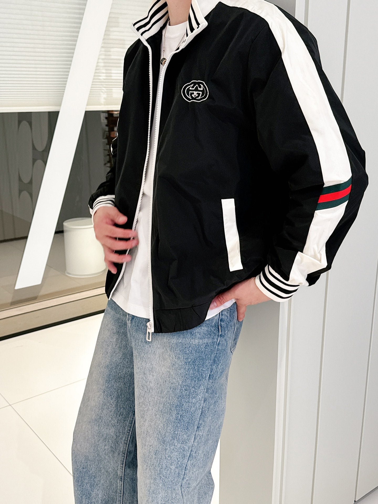 Gucci Men’s Interlocking Zip Jacket Black White Technical Fabric