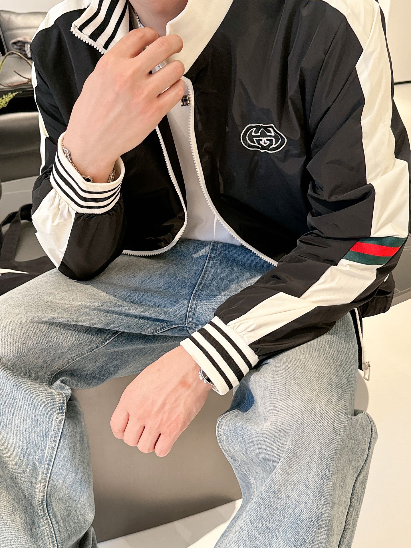 Gucci Men’s Interlocking Zip Jacket Black White Technical Fabric