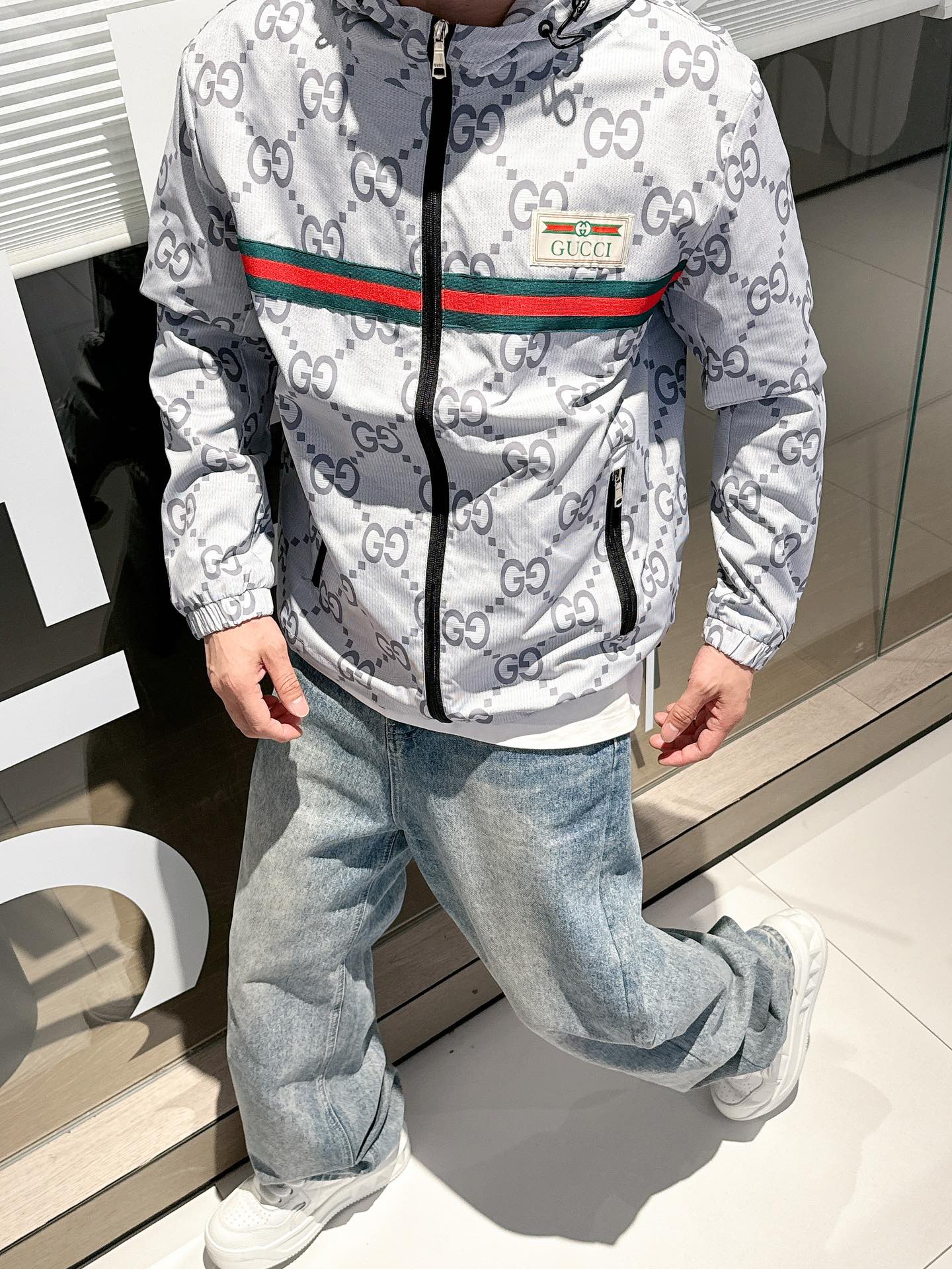 Gucci Men’s Reversible Ripstop Jacket Grey Nylon Fabric