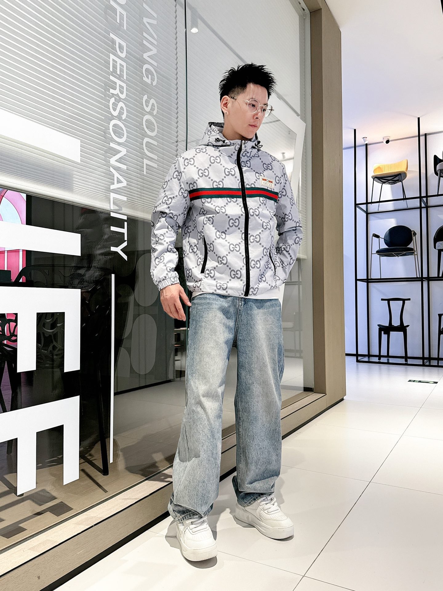 Gucci Men’s Reversible Ripstop Jacket Grey Nylon Fabric