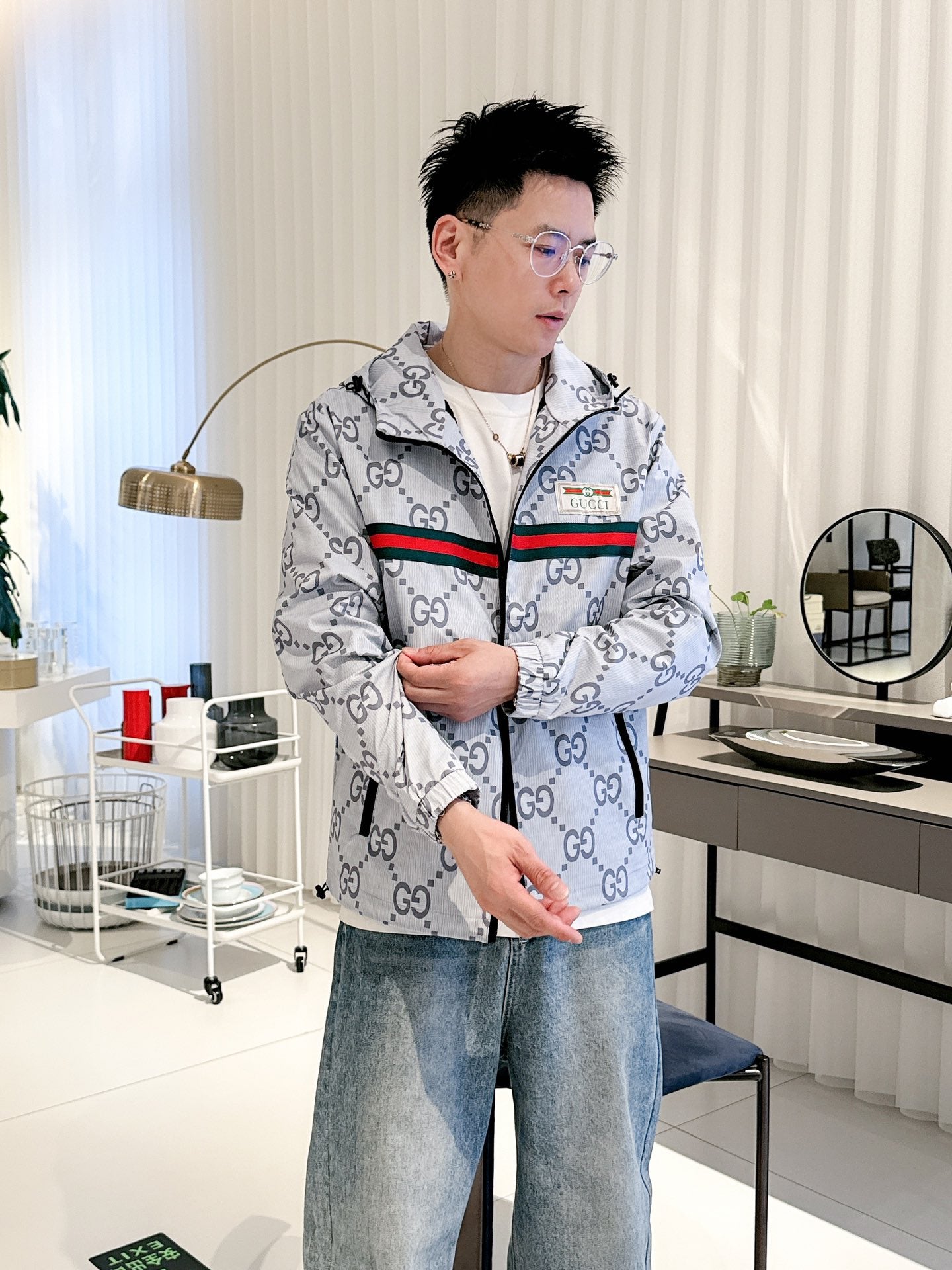 Gucci Men’s Reversible Ripstop Jacket Grey Nylon Fabric