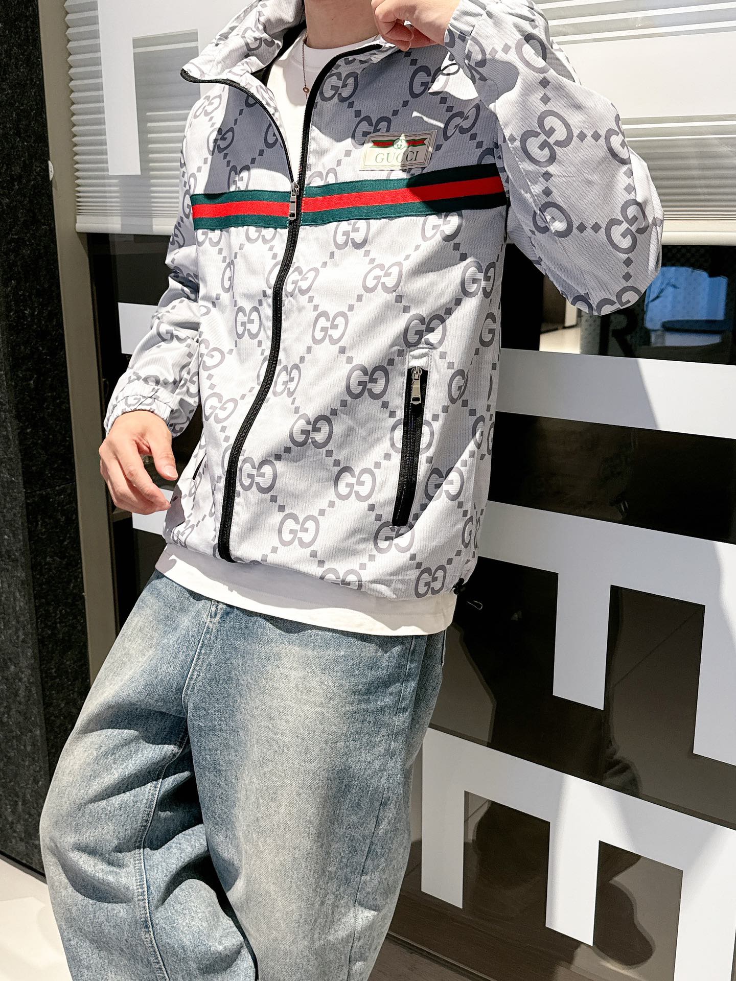 Gucci Men’s Reversible Ripstop Jacket Grey Nylon Fabric