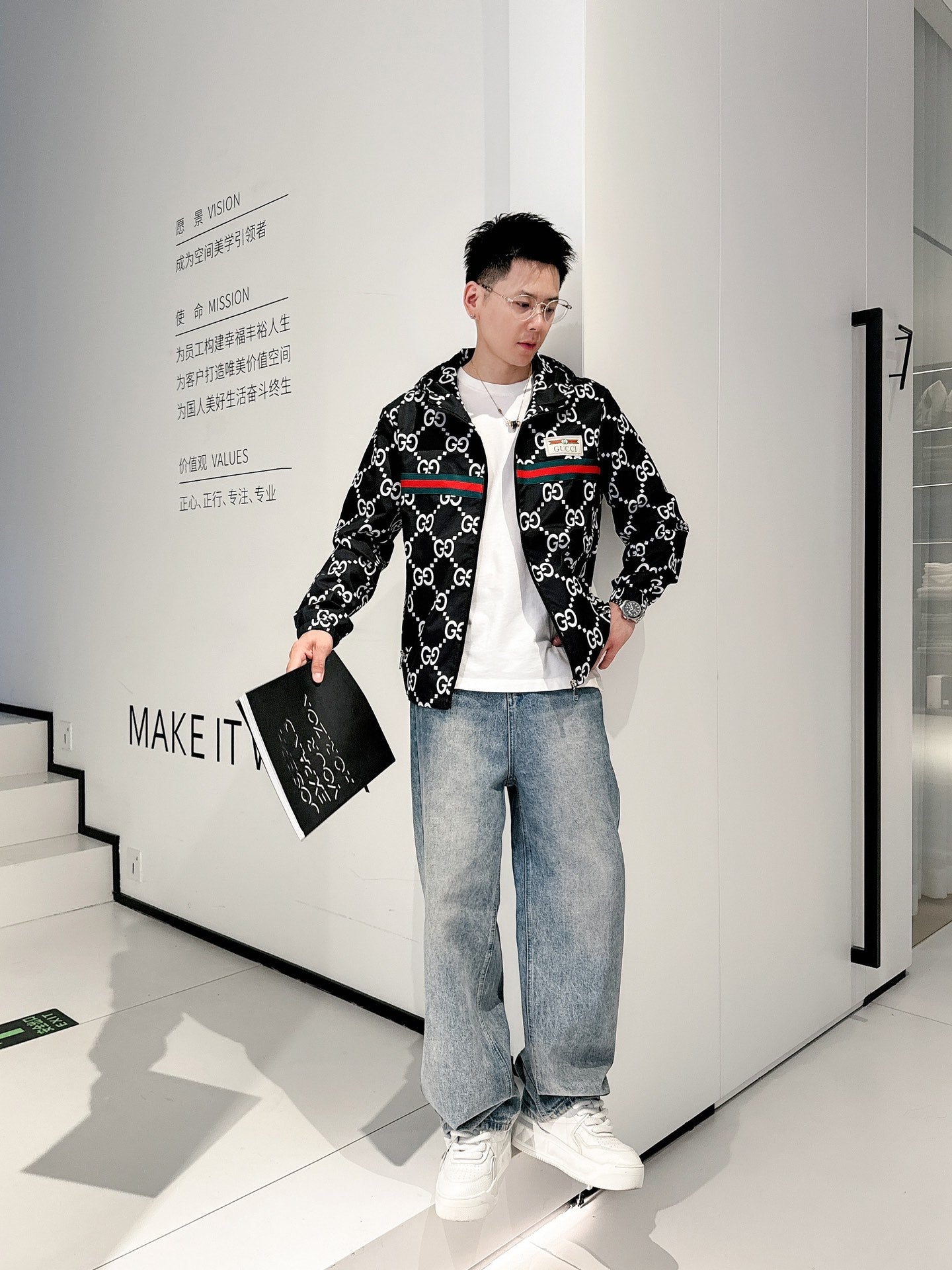 Gucci Men’s Reversible Ripstop Jacket Black White Nylon Fabric