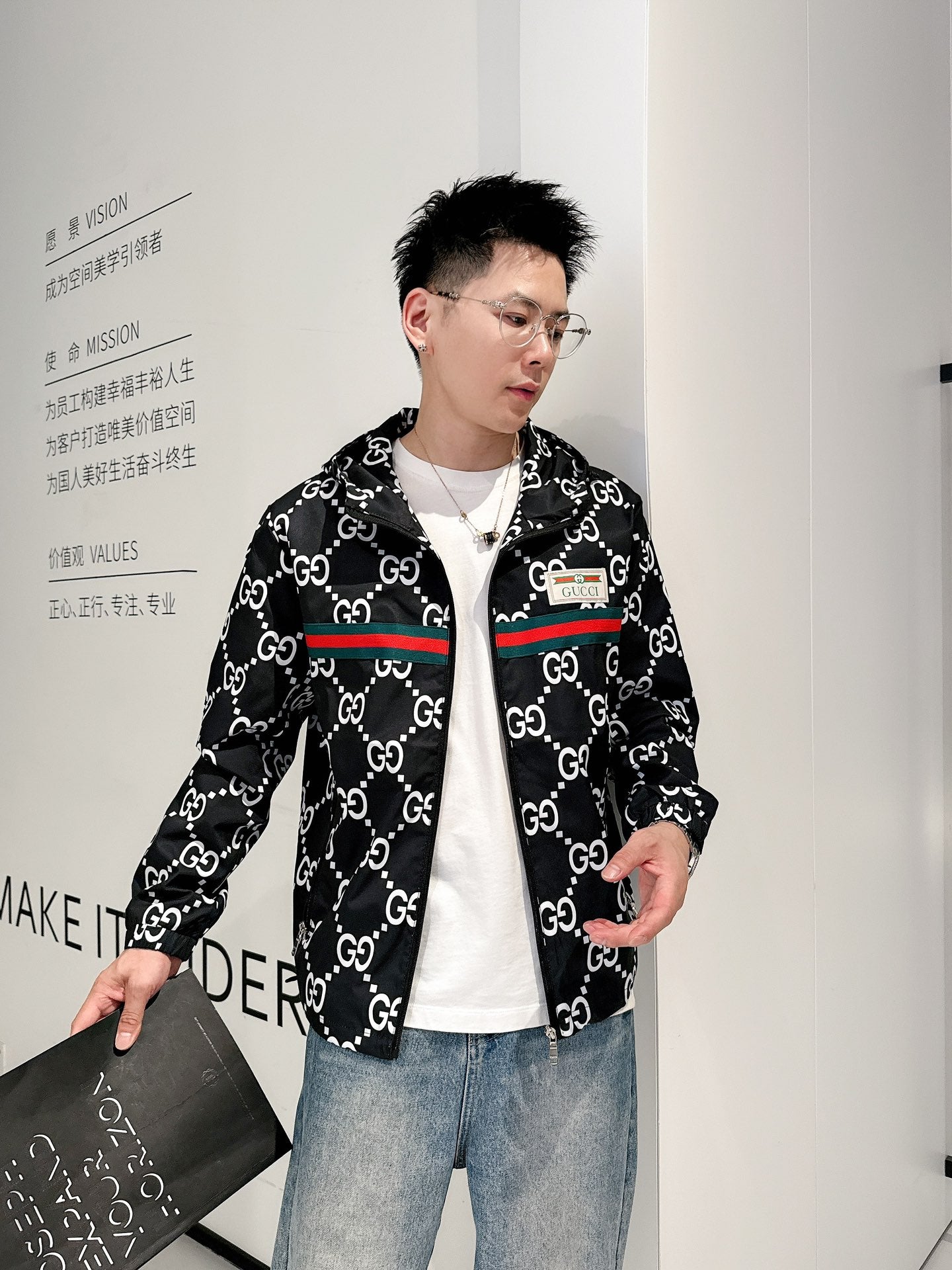 Gucci Men’s Reversible Ripstop Jacket Black White Nylon Fabric