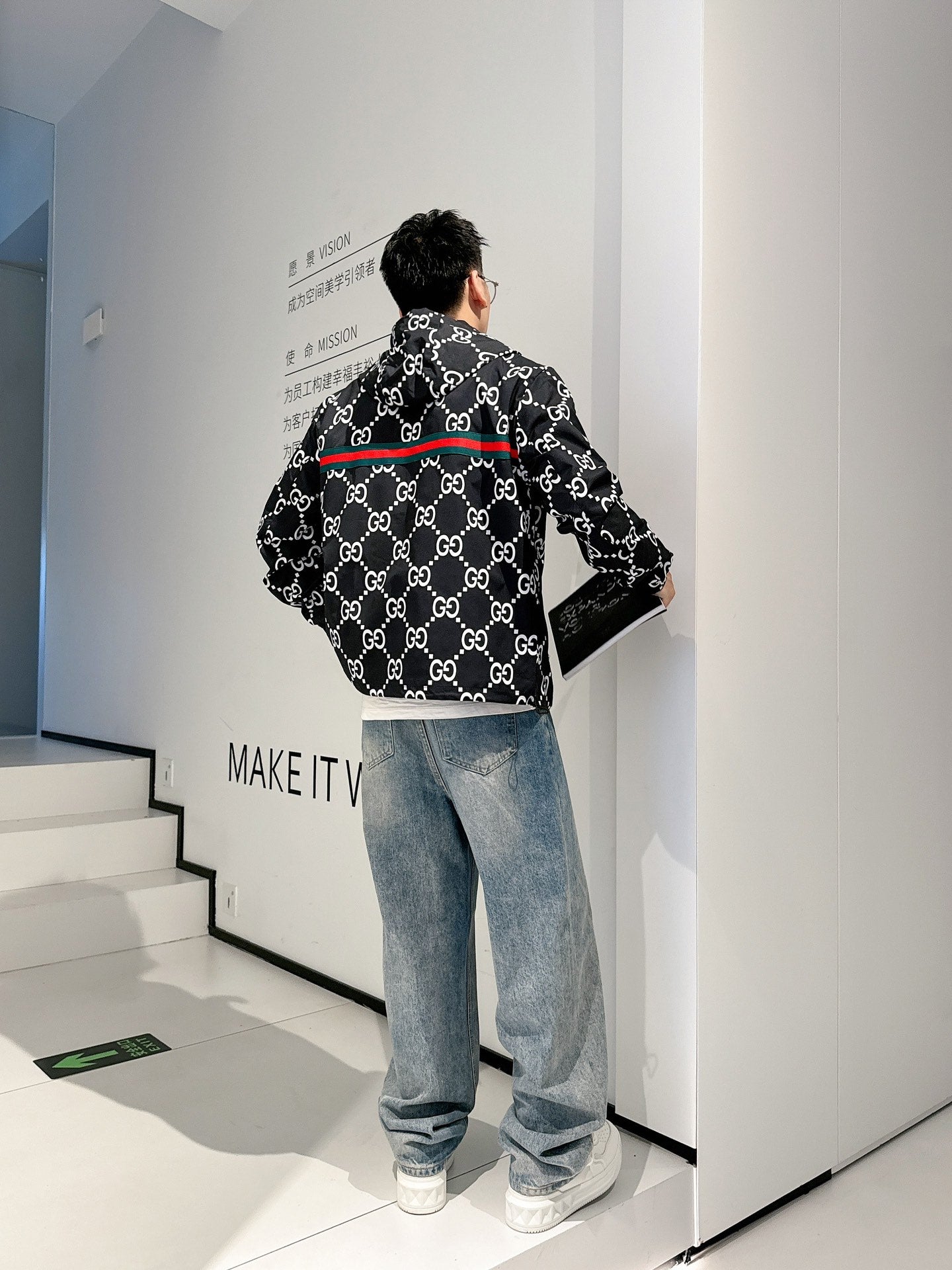 Gucci Men’s Reversible Ripstop Jacket Black White Nylon Fabric