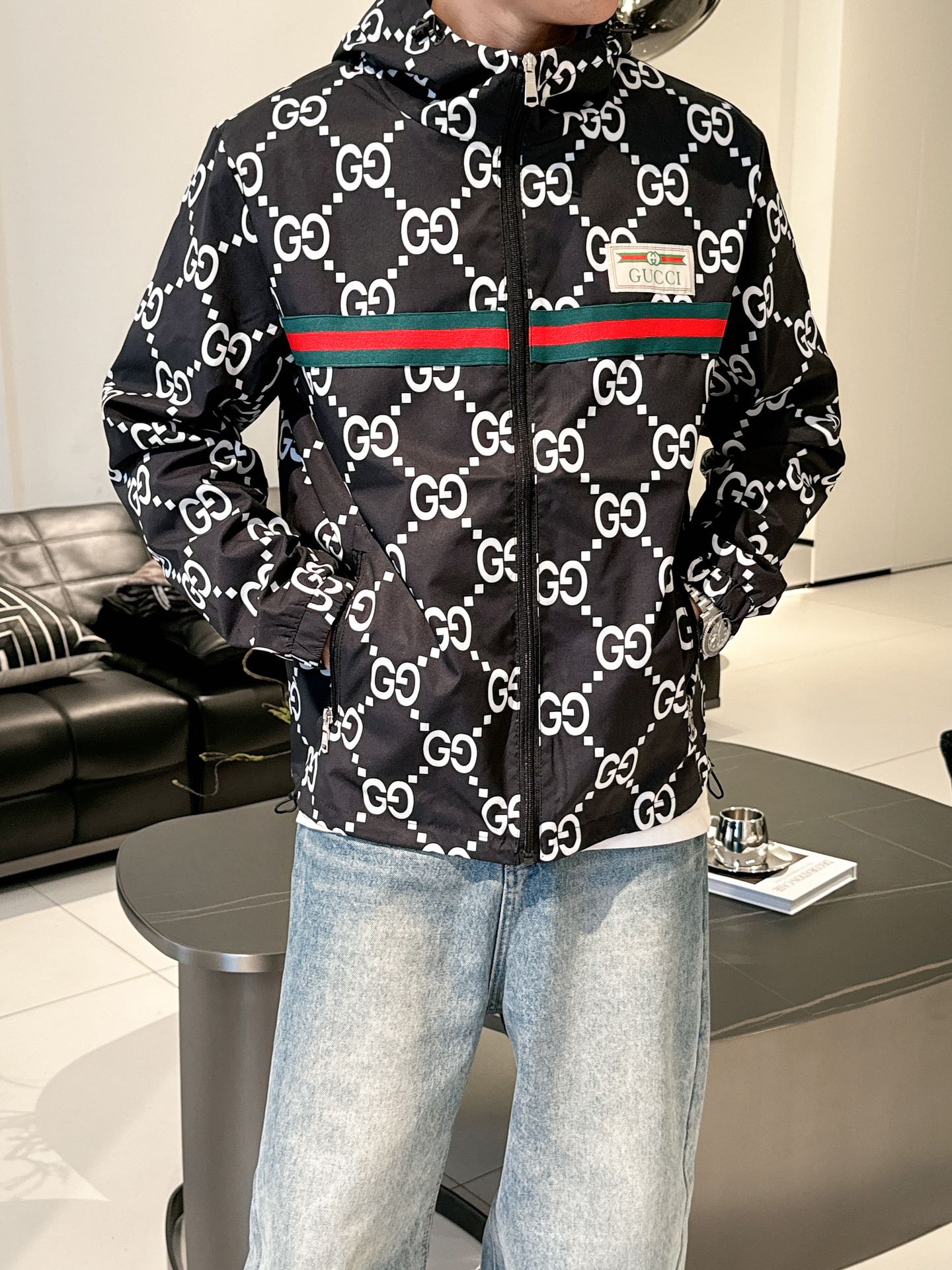 Gucci Men’s Reversible Ripstop Jacket Black White Nylon Fabric