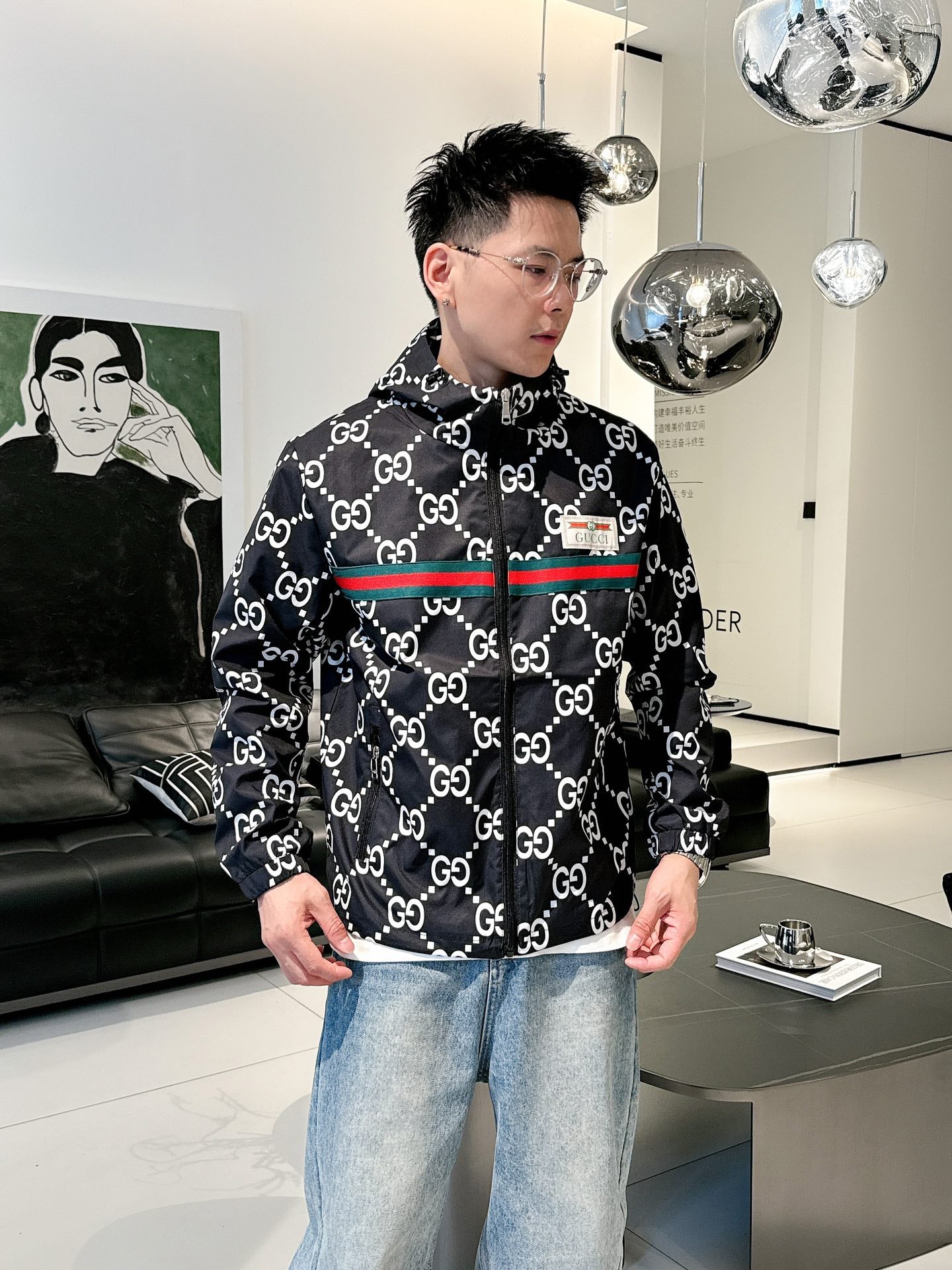 Gucci Men’s Reversible Ripstop Jacket Black White Nylon Fabric