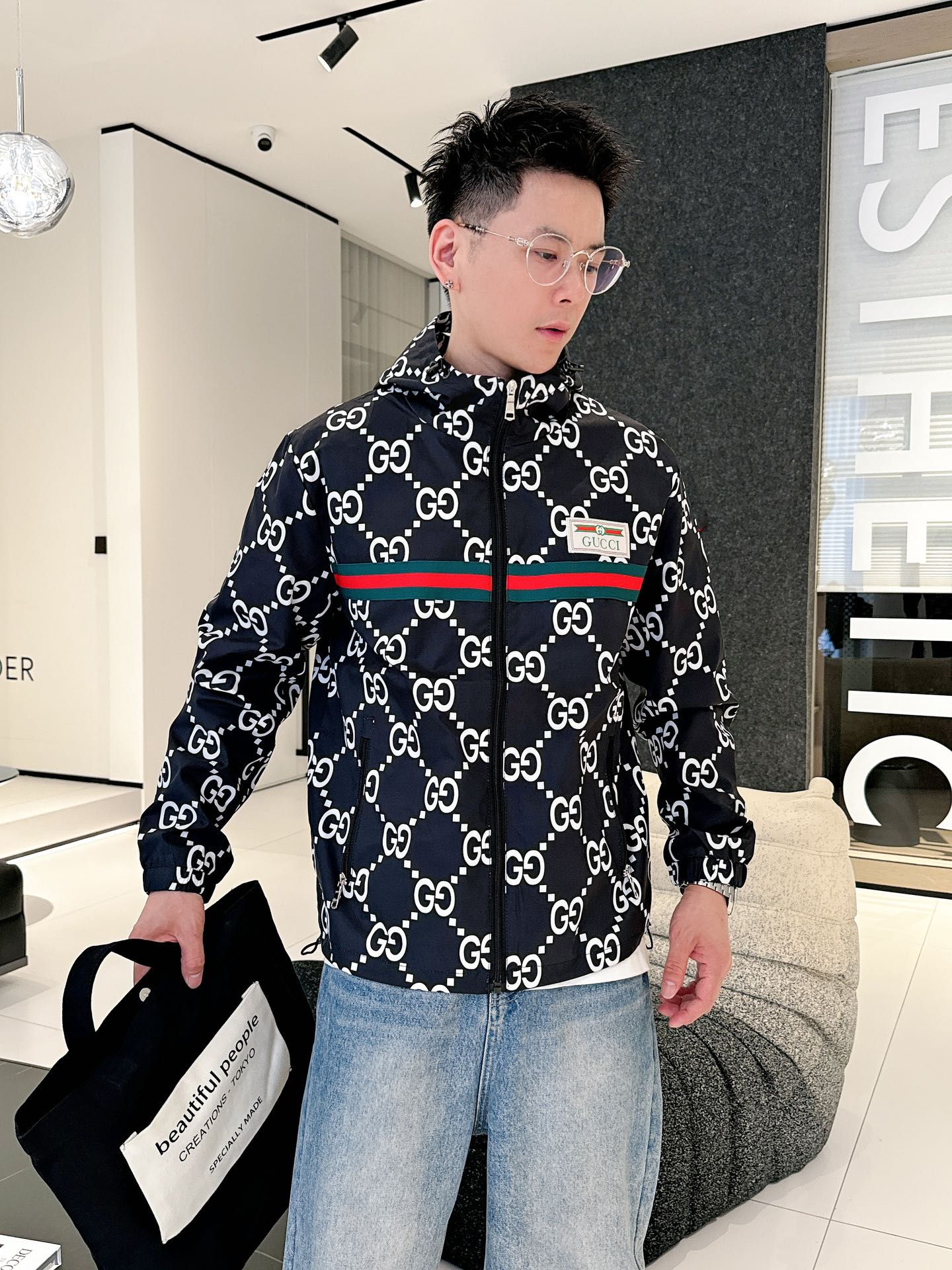 Gucci Men’s Reversible Ripstop Jacket Black White Nylon Fabric