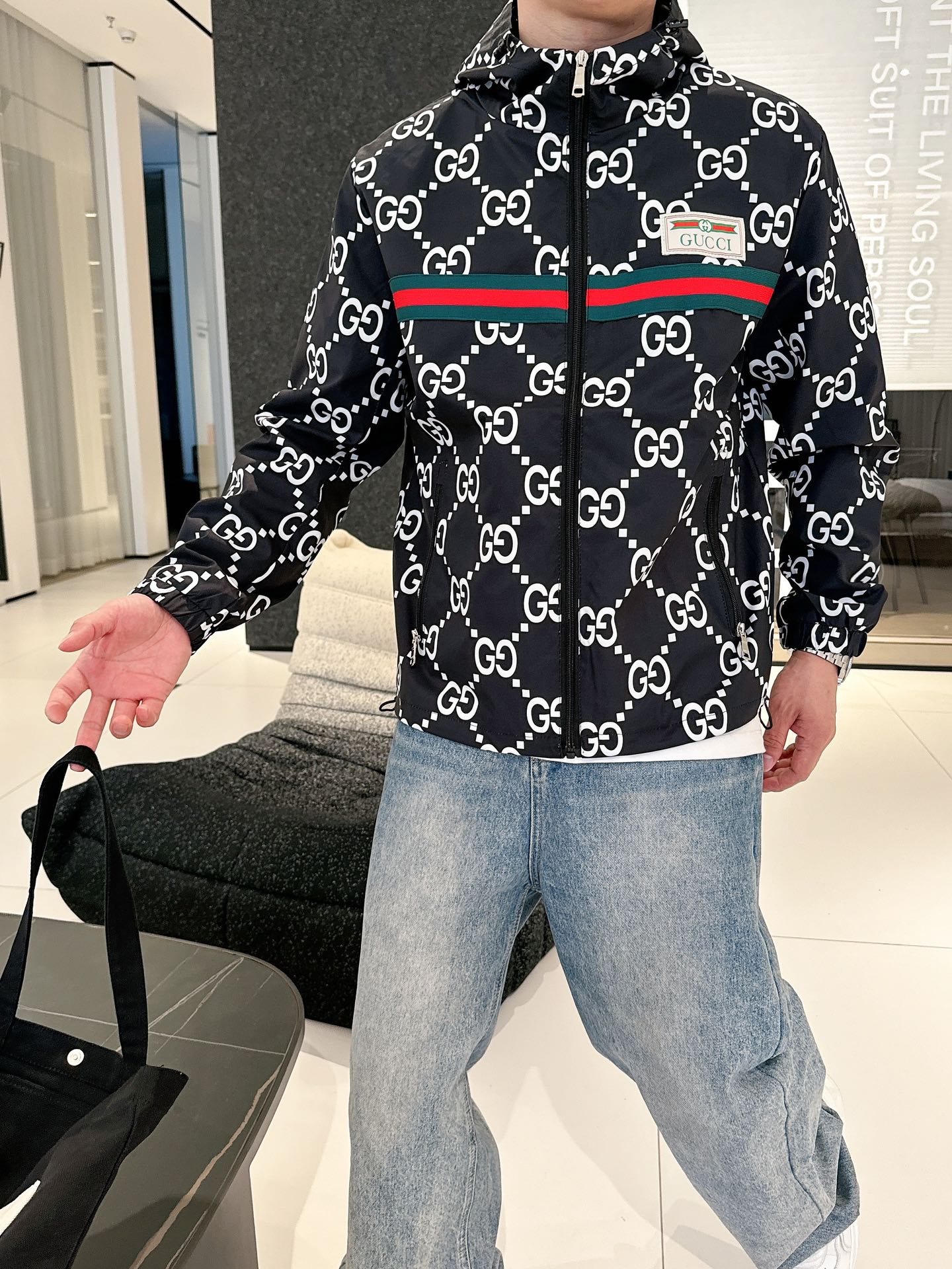 Gucci Men’s Reversible Ripstop Jacket Black White Nylon Fabric