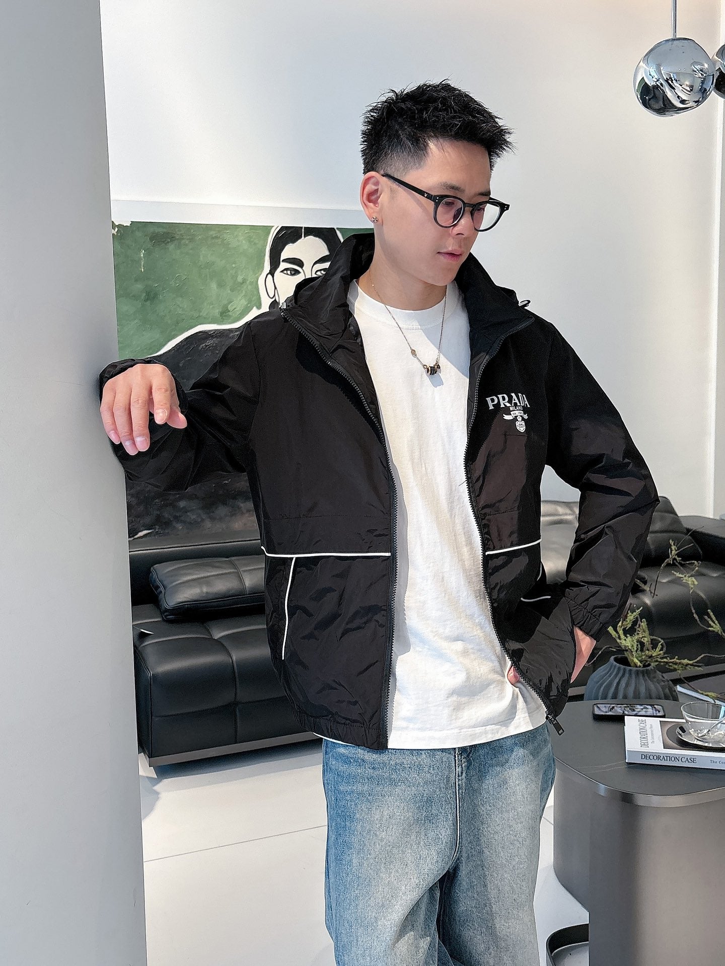 Prada Men’s Windbreaker Jacket Black Nylon Fabric