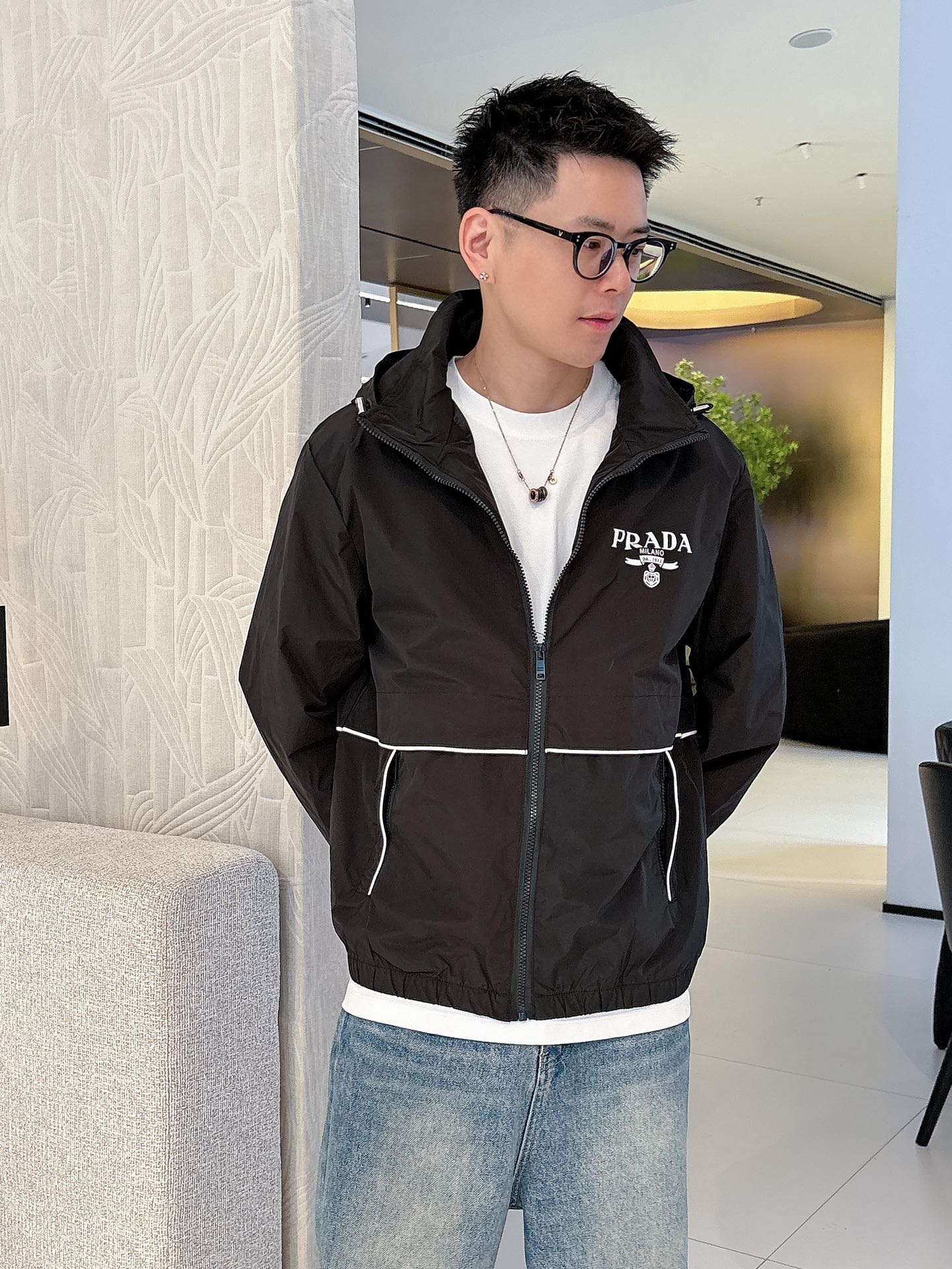 Prada Men’s Windbreaker Jacket Black Nylon Fabric