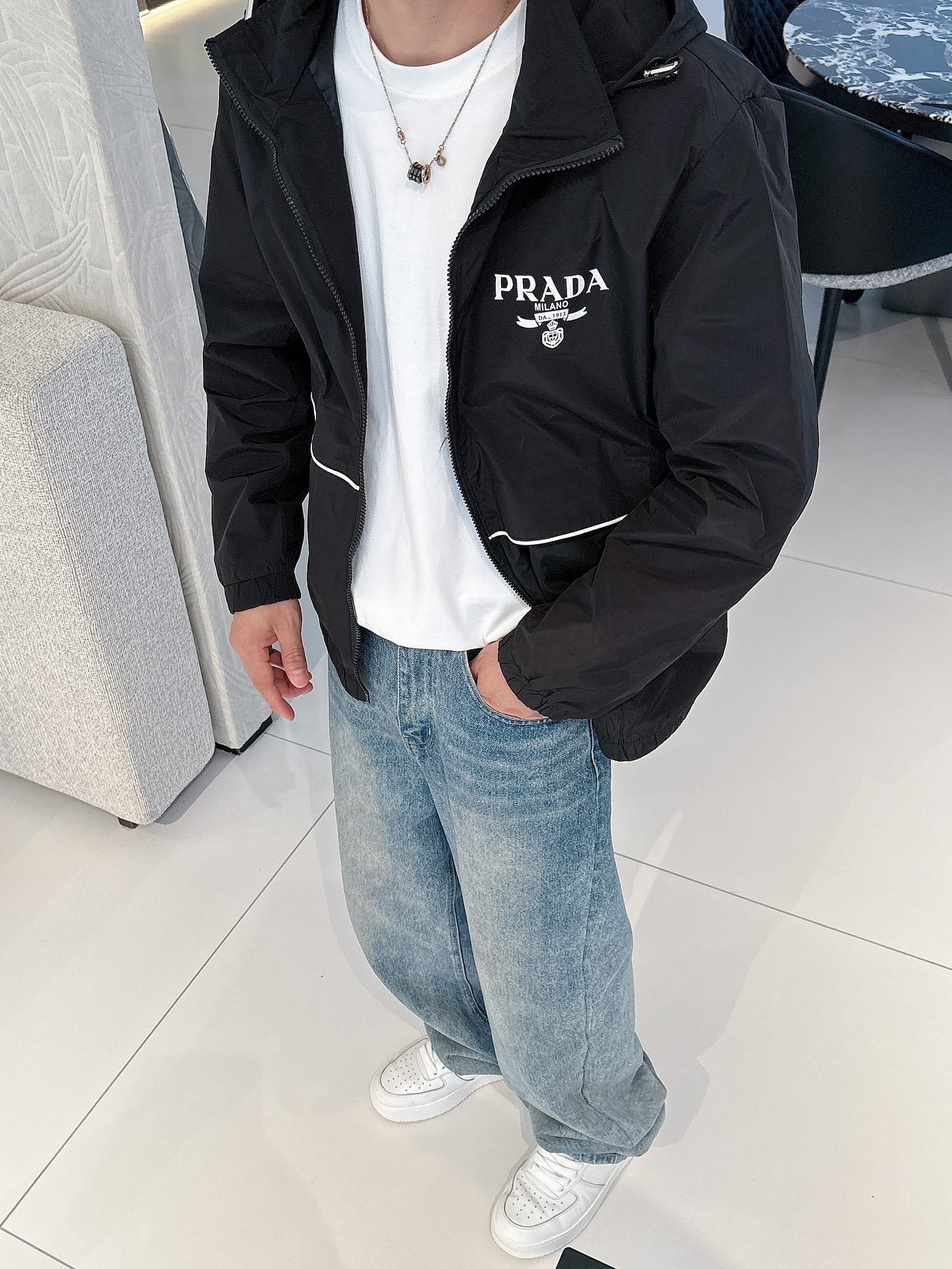 Prada Men’s Windbreaker Jacket Black Nylon Fabric