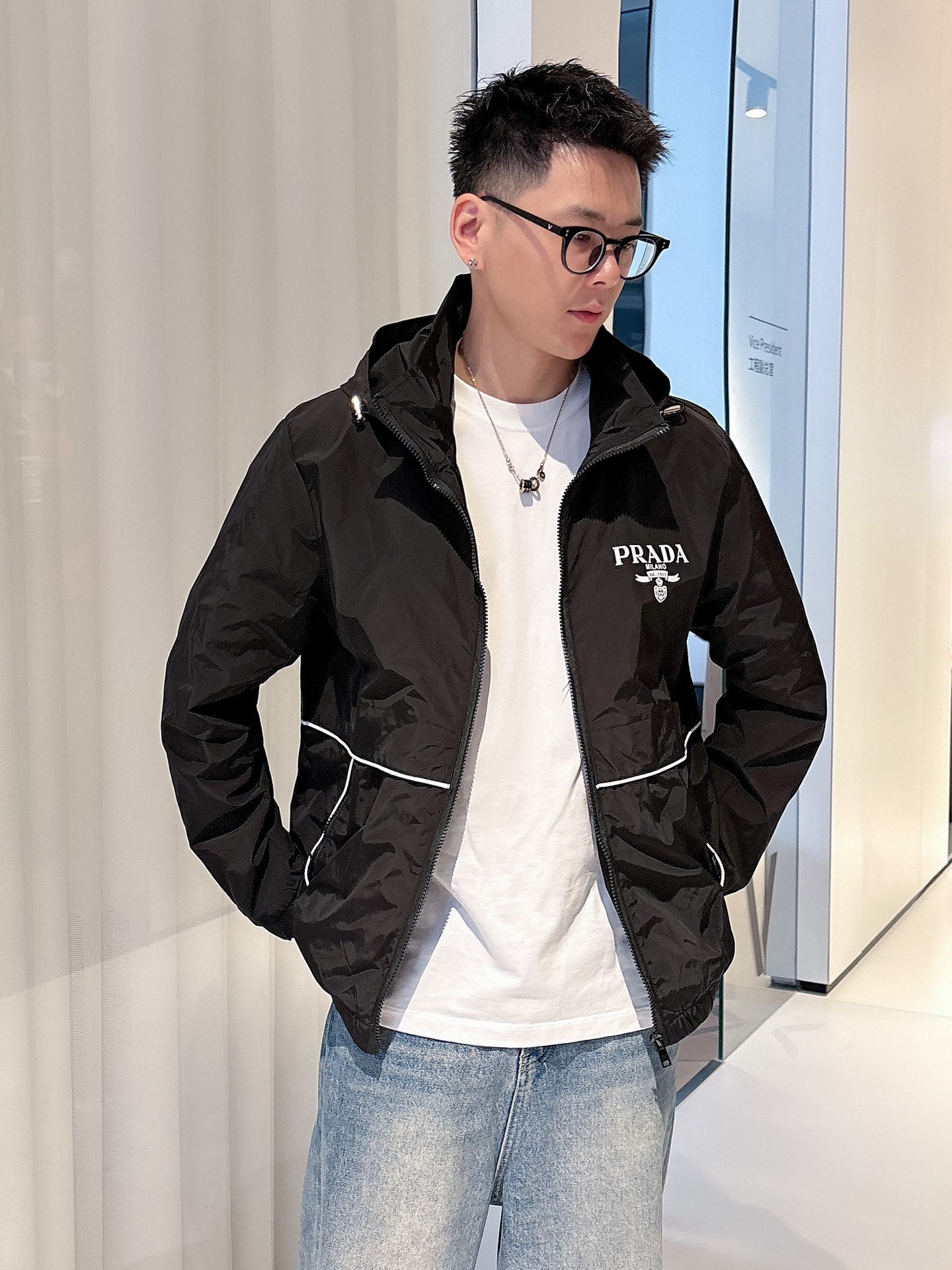 Prada Men’s Windbreaker Jacket Black Nylon Fabric