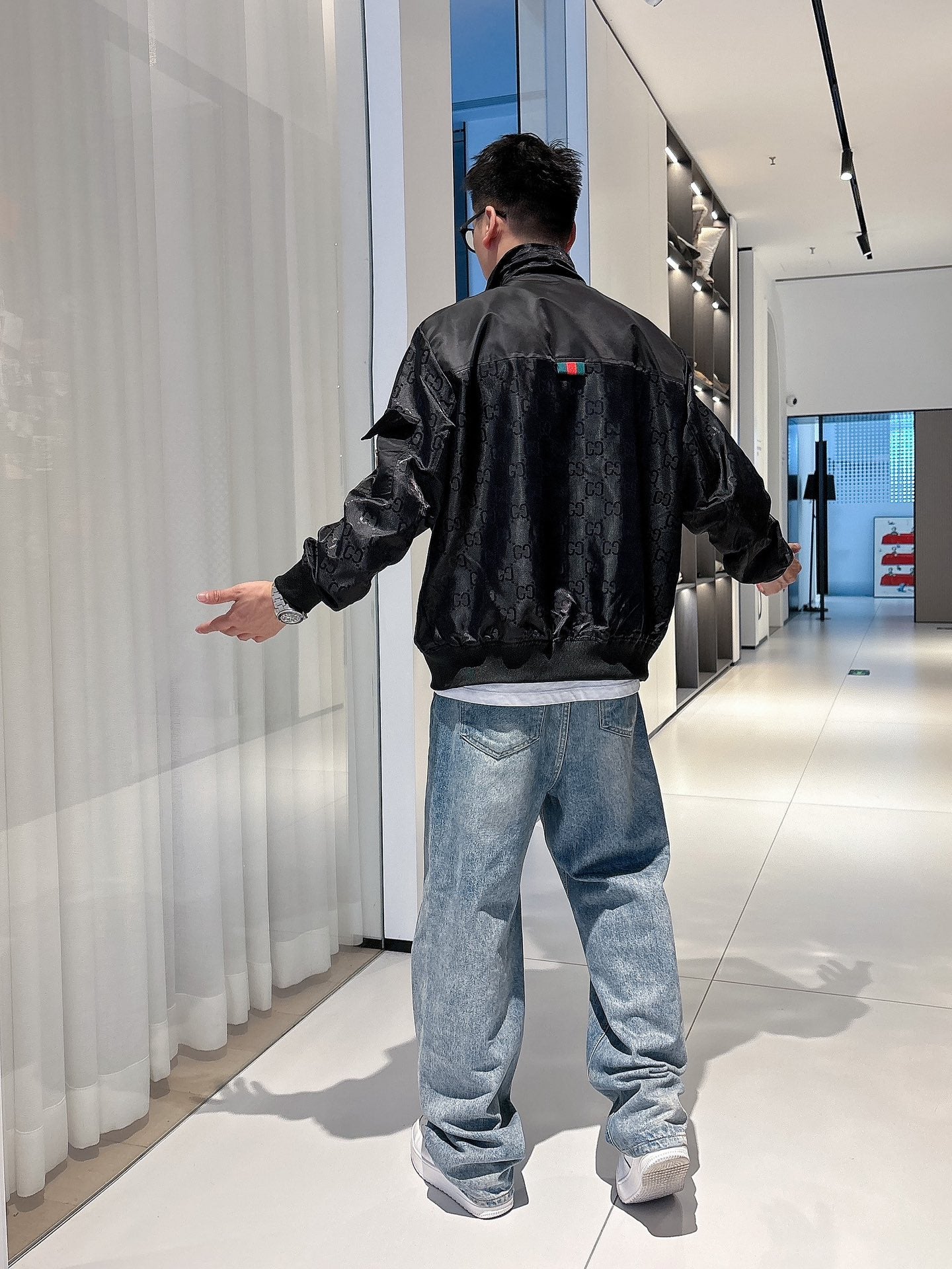 Gucci Men’s Bomber Jacket Black Monogram Pattern Nylon Fabric