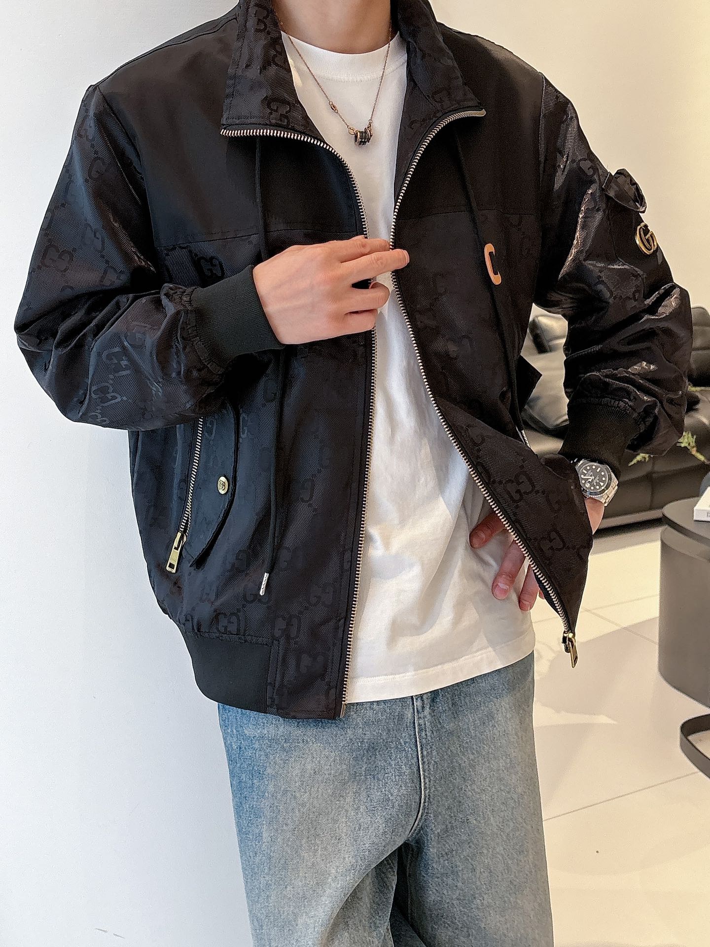 Gucci Men’s Bomber Jacket Black Monogram Pattern Nylon Fabric