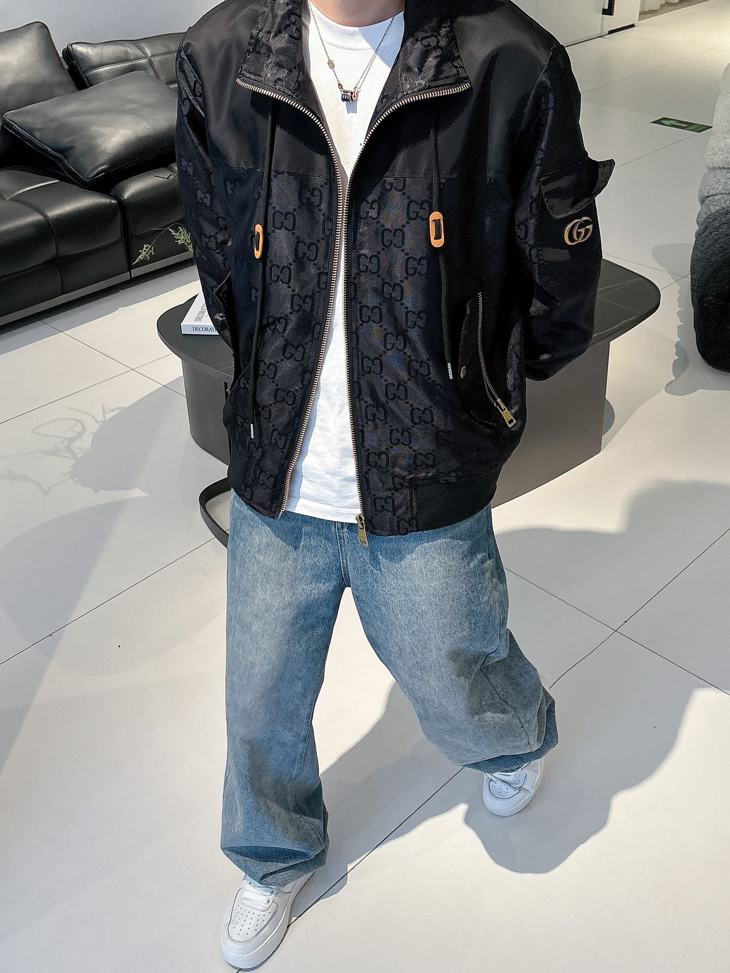 Gucci Men’s Bomber Jacket Black Monogram Pattern Nylon Fabric