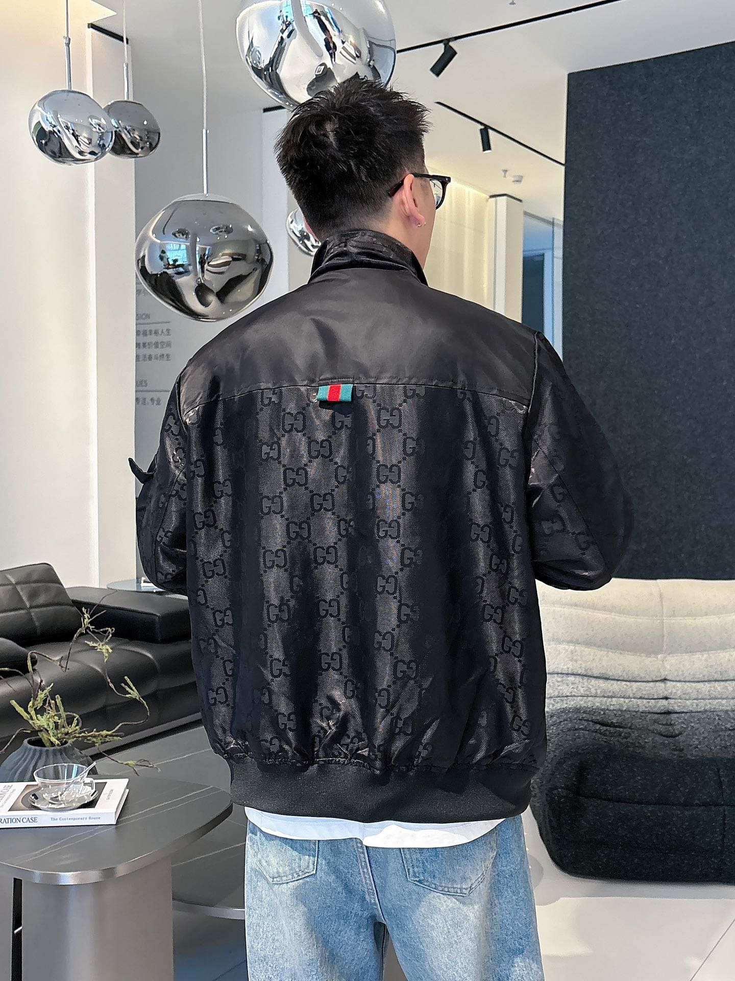 Gucci Men’s Bomber Jacket Black Monogram Pattern Nylon Fabric