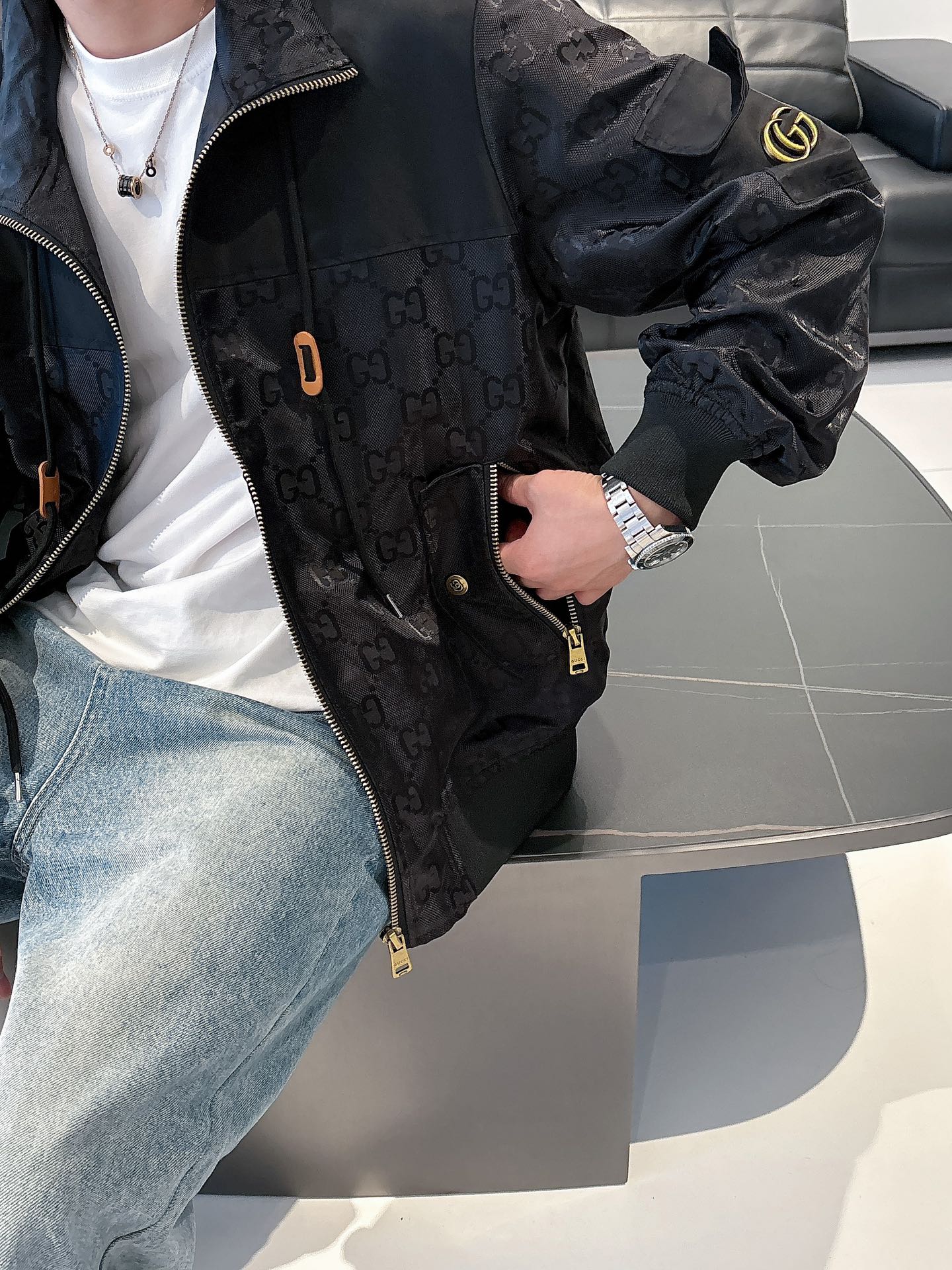 Gucci Men’s Bomber Jacket Black Monogram Pattern Nylon Fabric